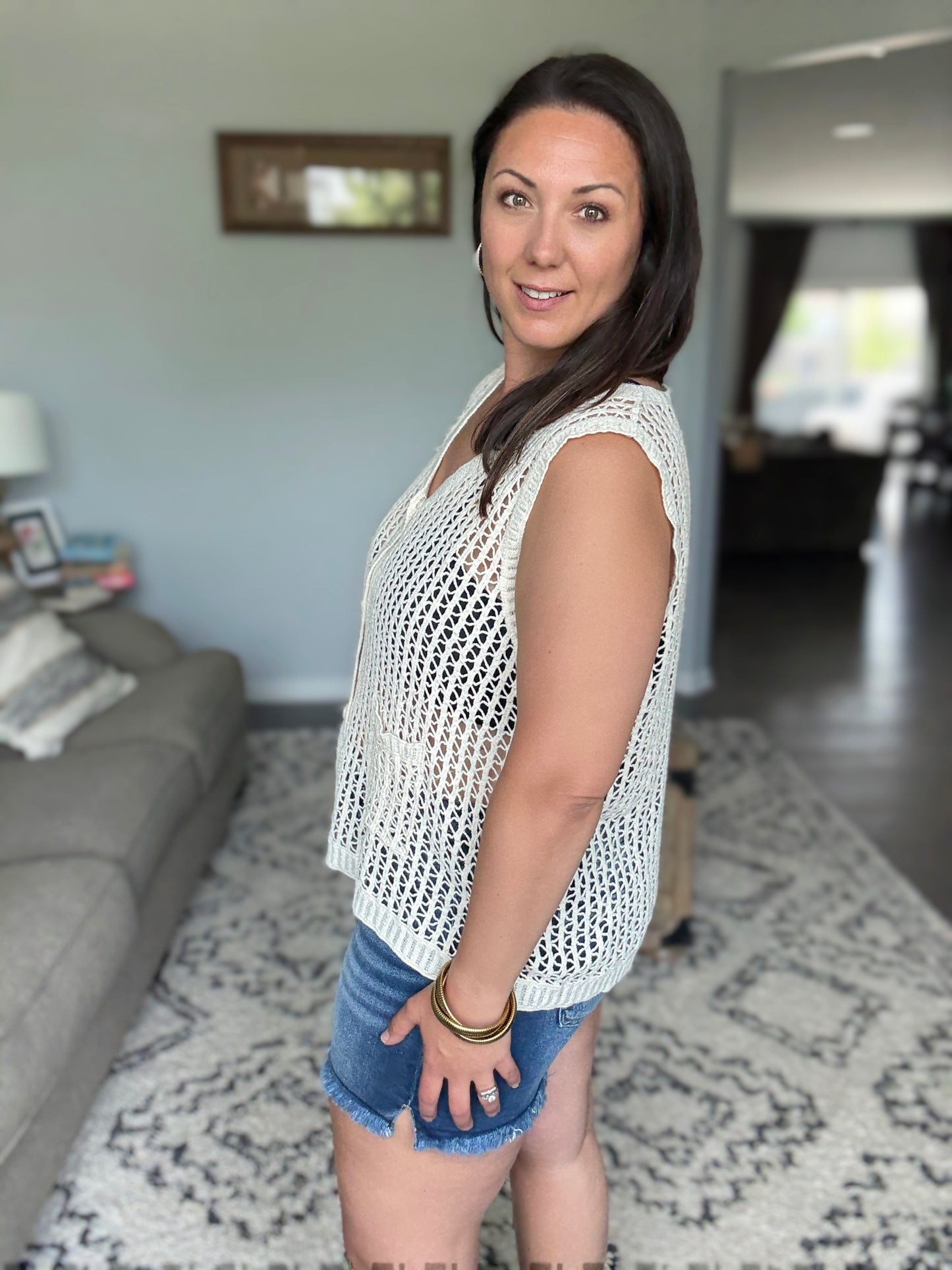 ADORA Button Down Crochet Vest Top in Beige