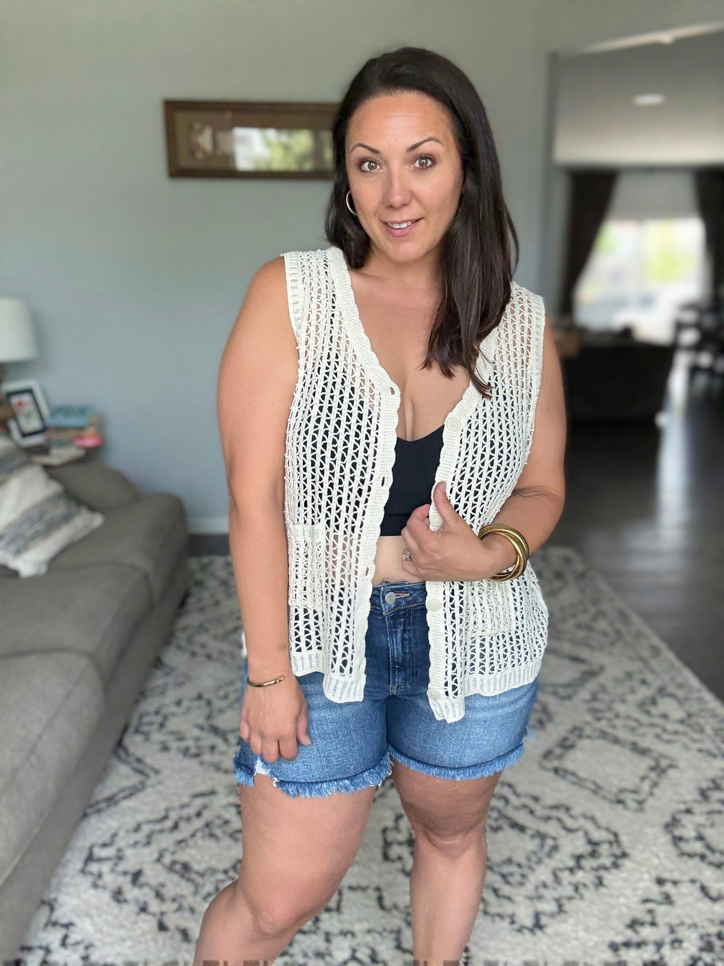 ADORA Button Down Crochet Vest Top in Beige