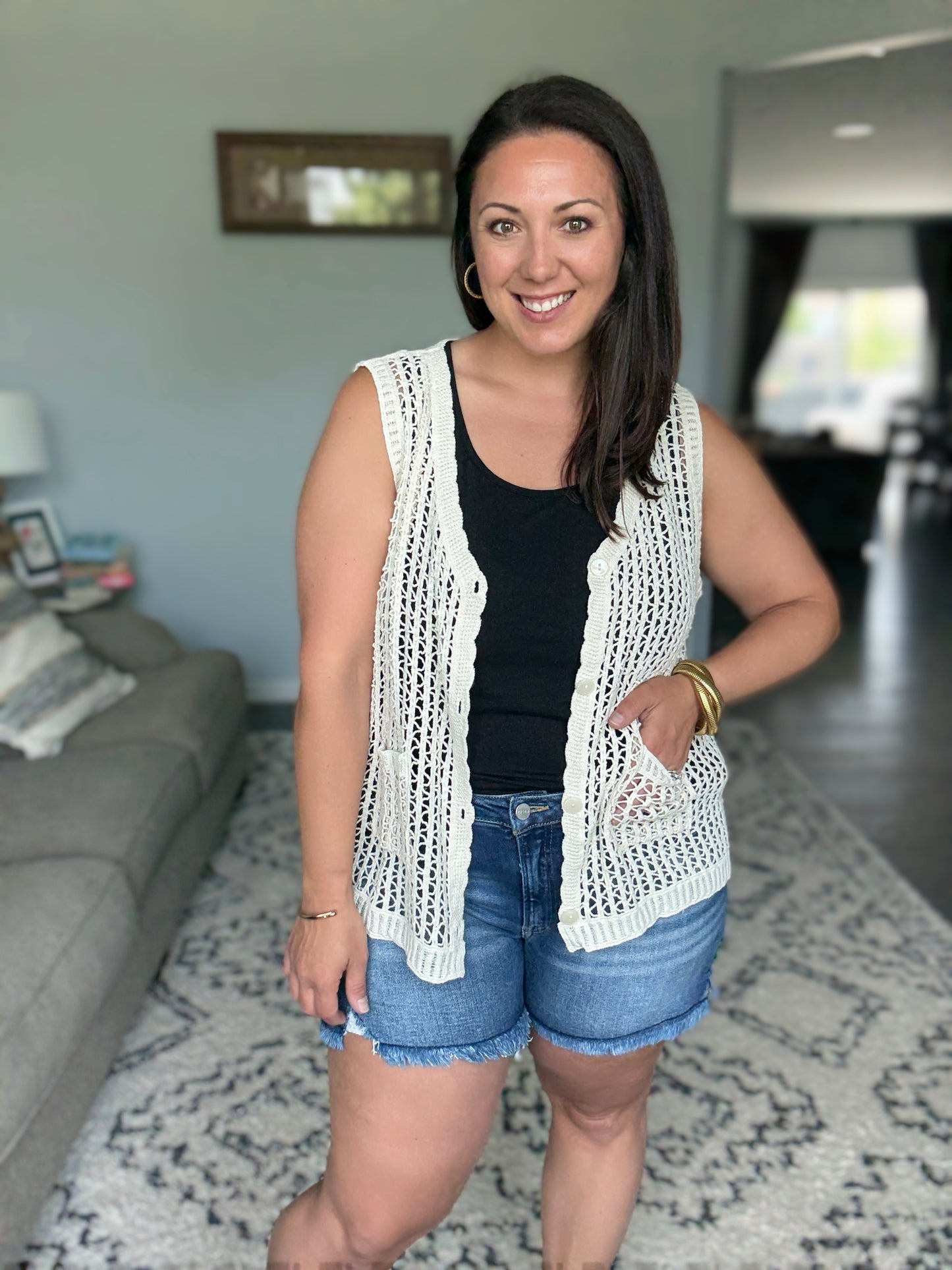 ADORA Button Down Crochet Vest Top in Beige