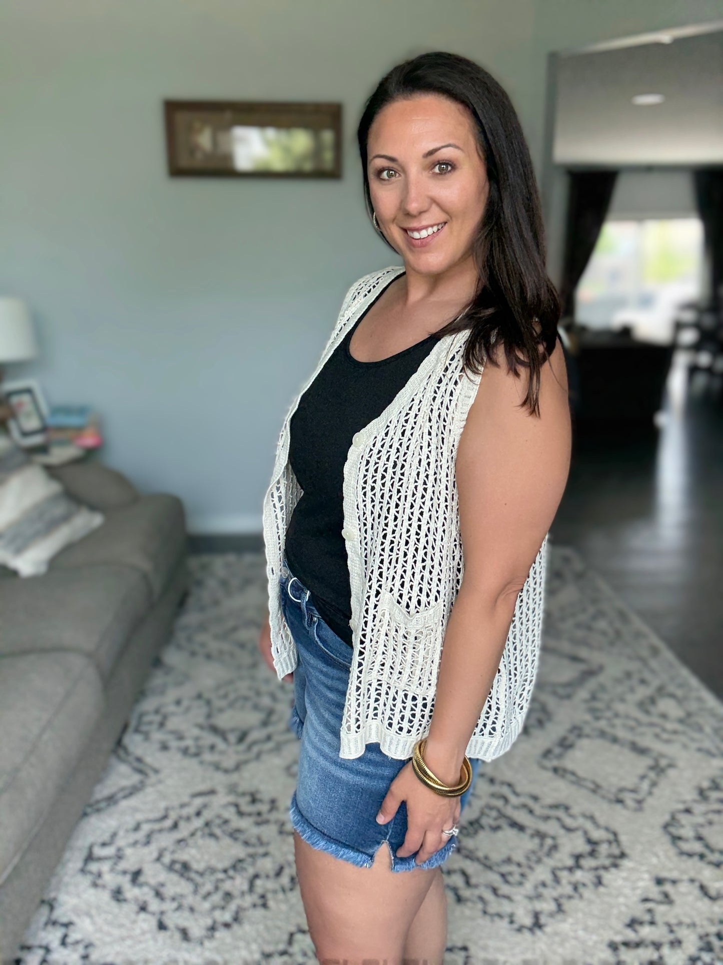 ADORA Button Down Crochet Vest Top in Beige