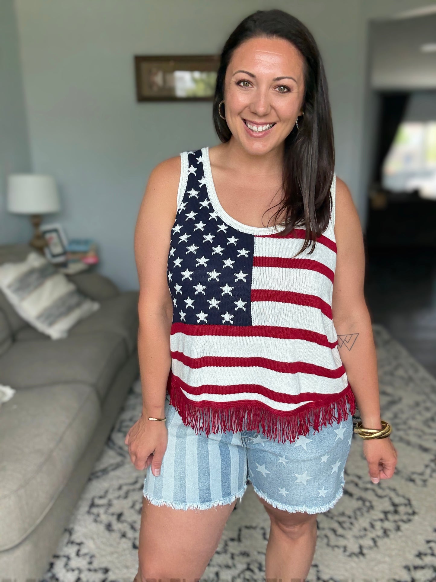Jade By Jane American Flag Fringe Tank Top