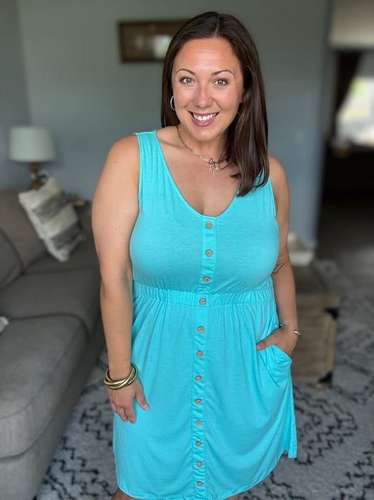 Michelle Mae Beverly Button Dress - Aqua