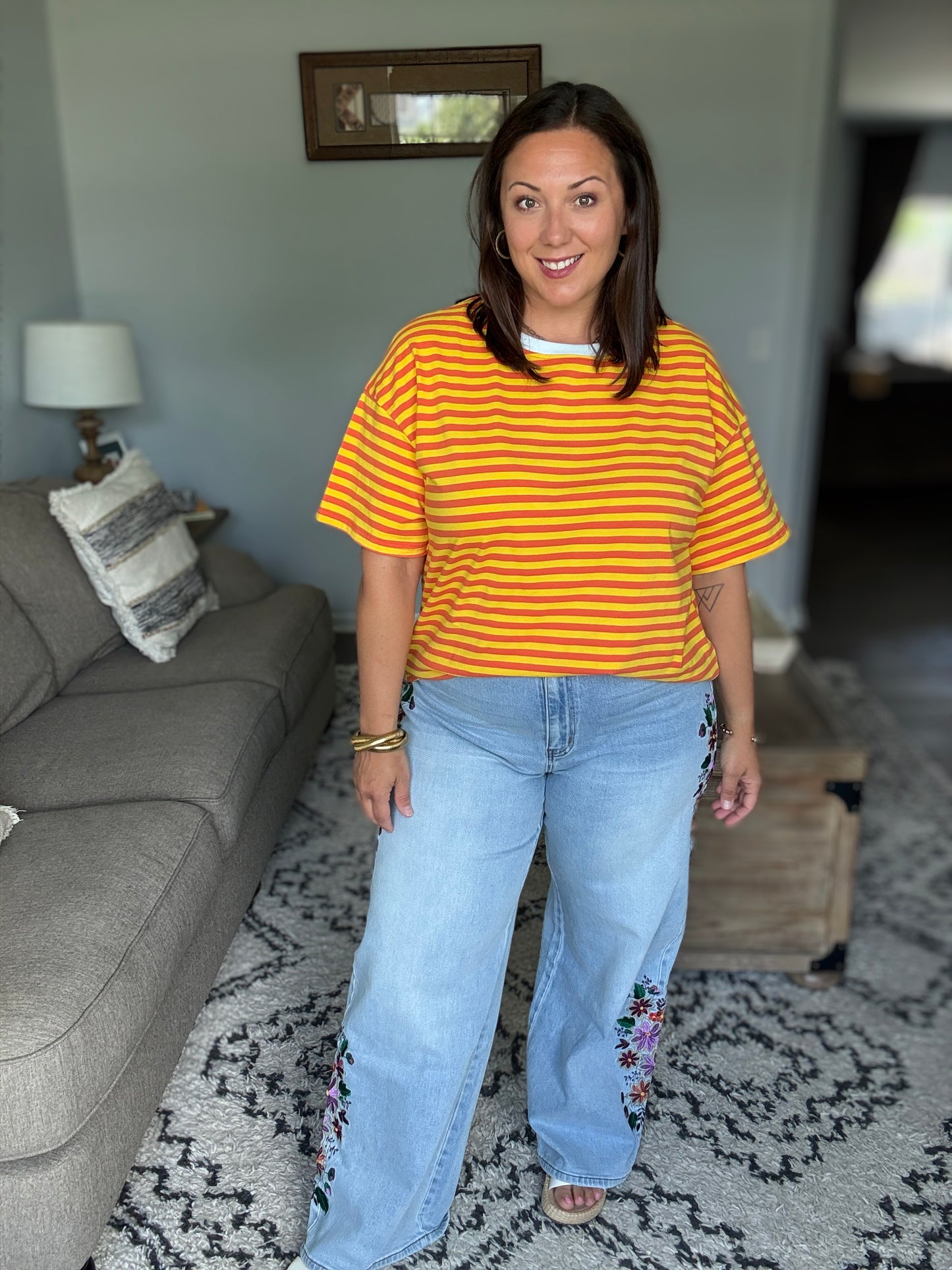 I Think I'm in Love Round Neck Loose Tee in Orange and Yellow