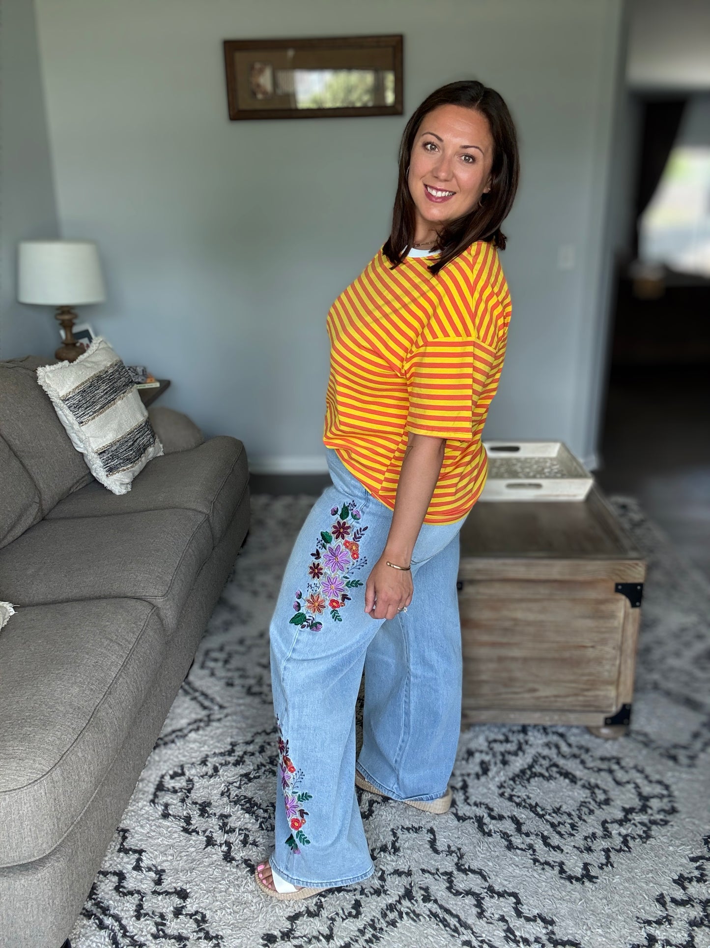 I Think I'm in Love Round Neck Loose Tee in Orange and Yellow