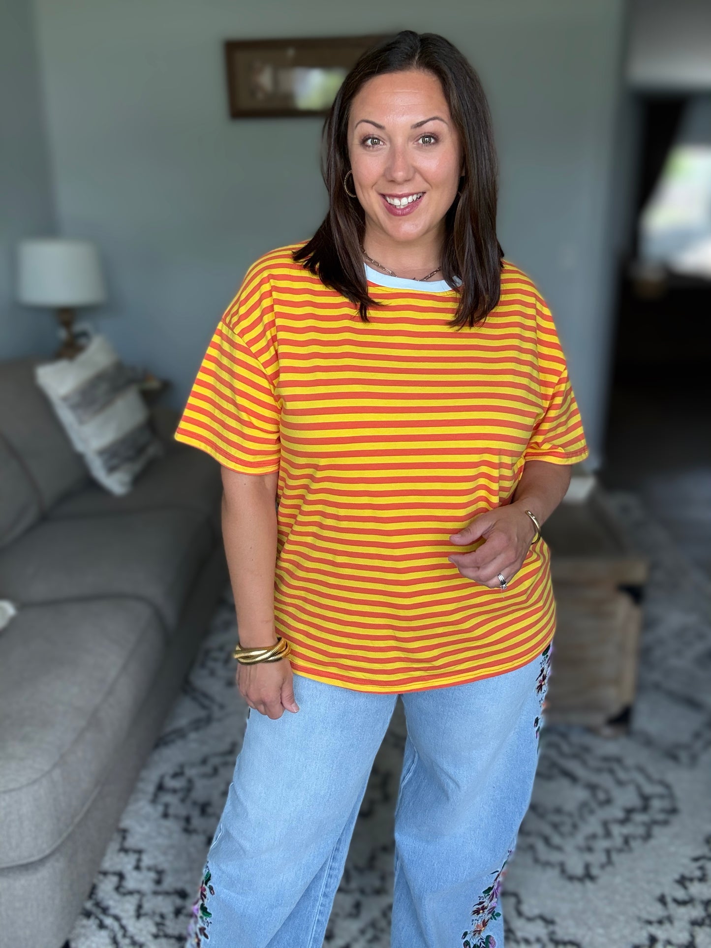 I Think I'm in Love Round Neck Loose Tee in Orange and Yellow