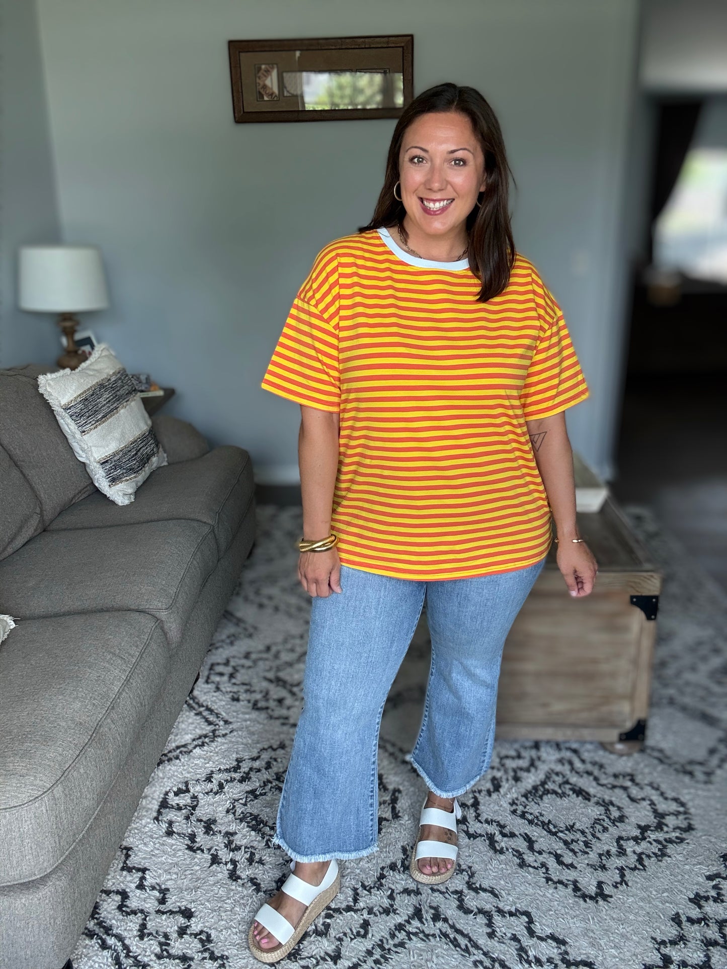 I Think I'm in Love Round Neck Loose Tee in Orange and Yellow