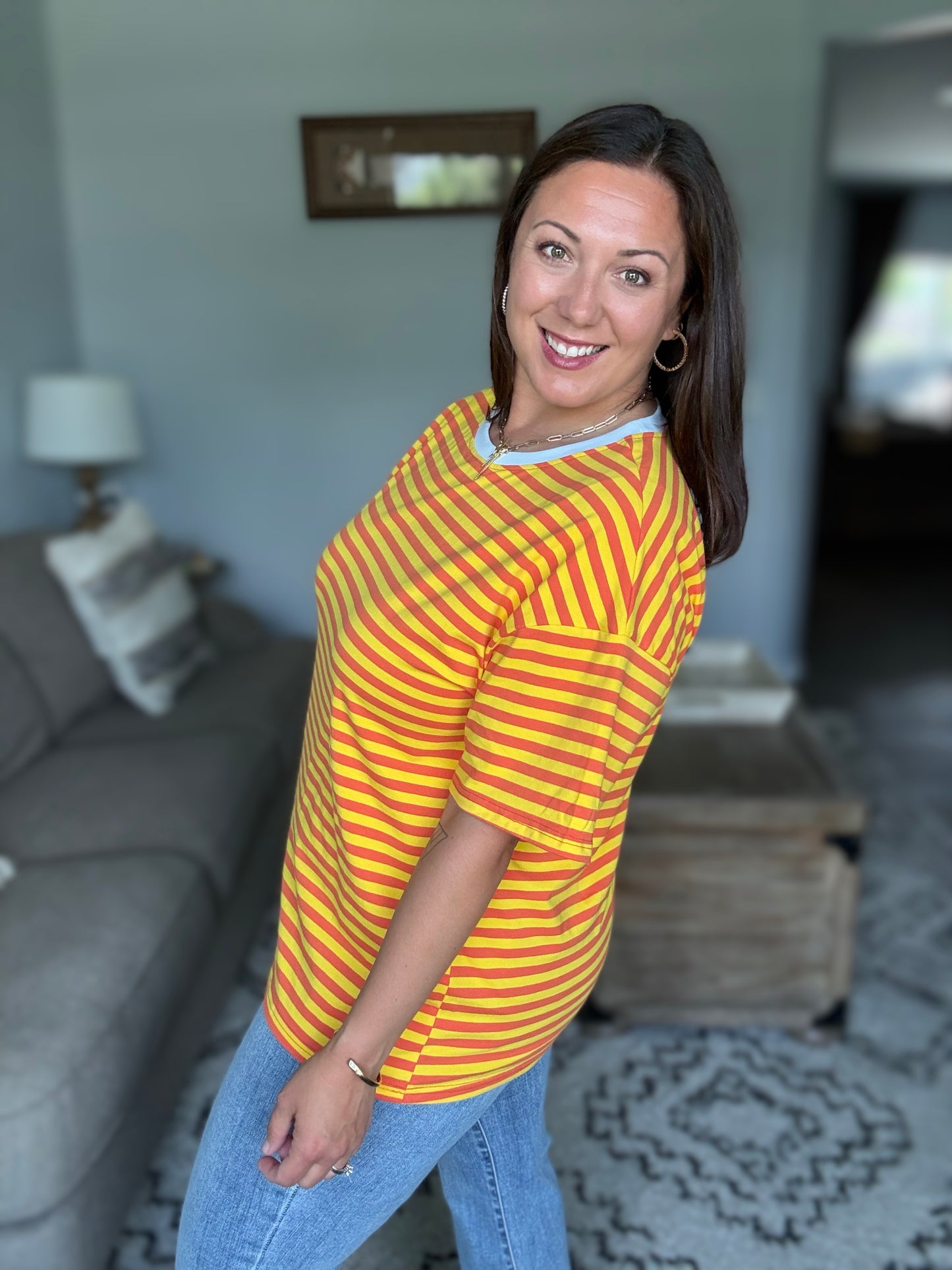 I Think I'm in Love Round Neck Loose Tee in Orange and Yellow