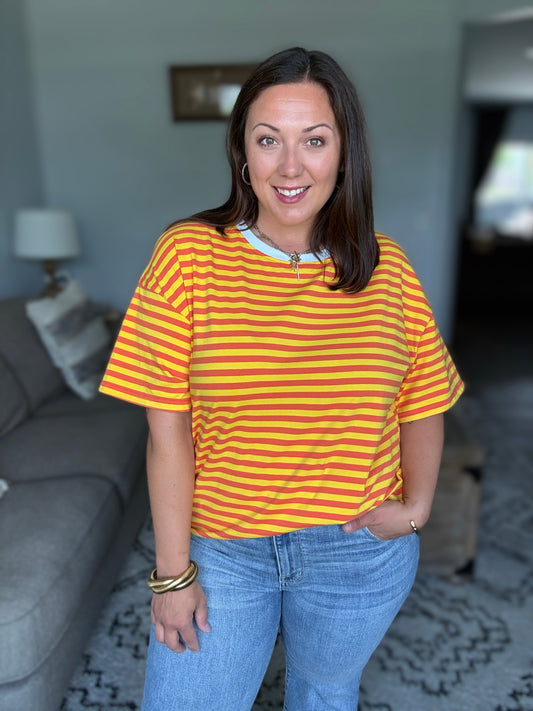 I Think I'm in Love Round Neck Loose Tee in Orange and Yellow