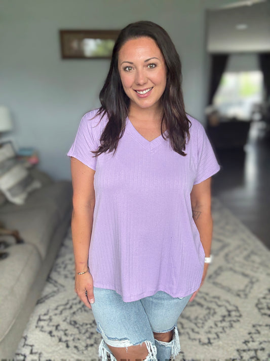 Top Shelf Basic V-Neck Ribbed Tee in Lavender