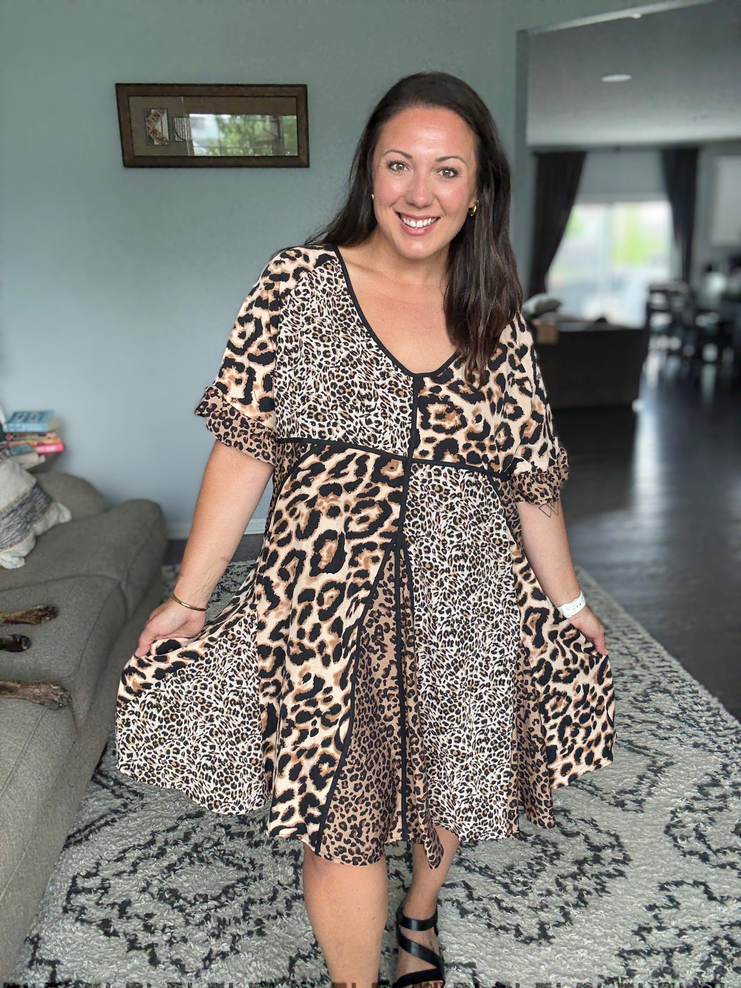 BiBi Mixed Leopard Ruffle Sleeve Dress