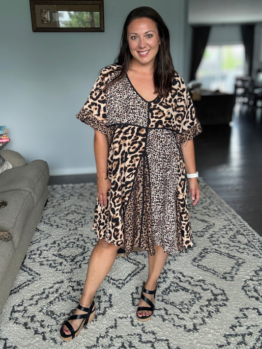 BiBi Mixed Leopard Ruffle Sleeve Dress