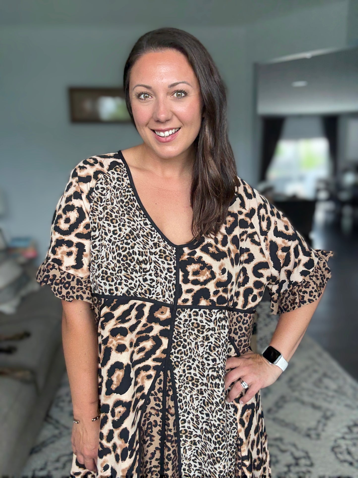 BiBi Mixed Leopard Ruffle Sleeve Dress