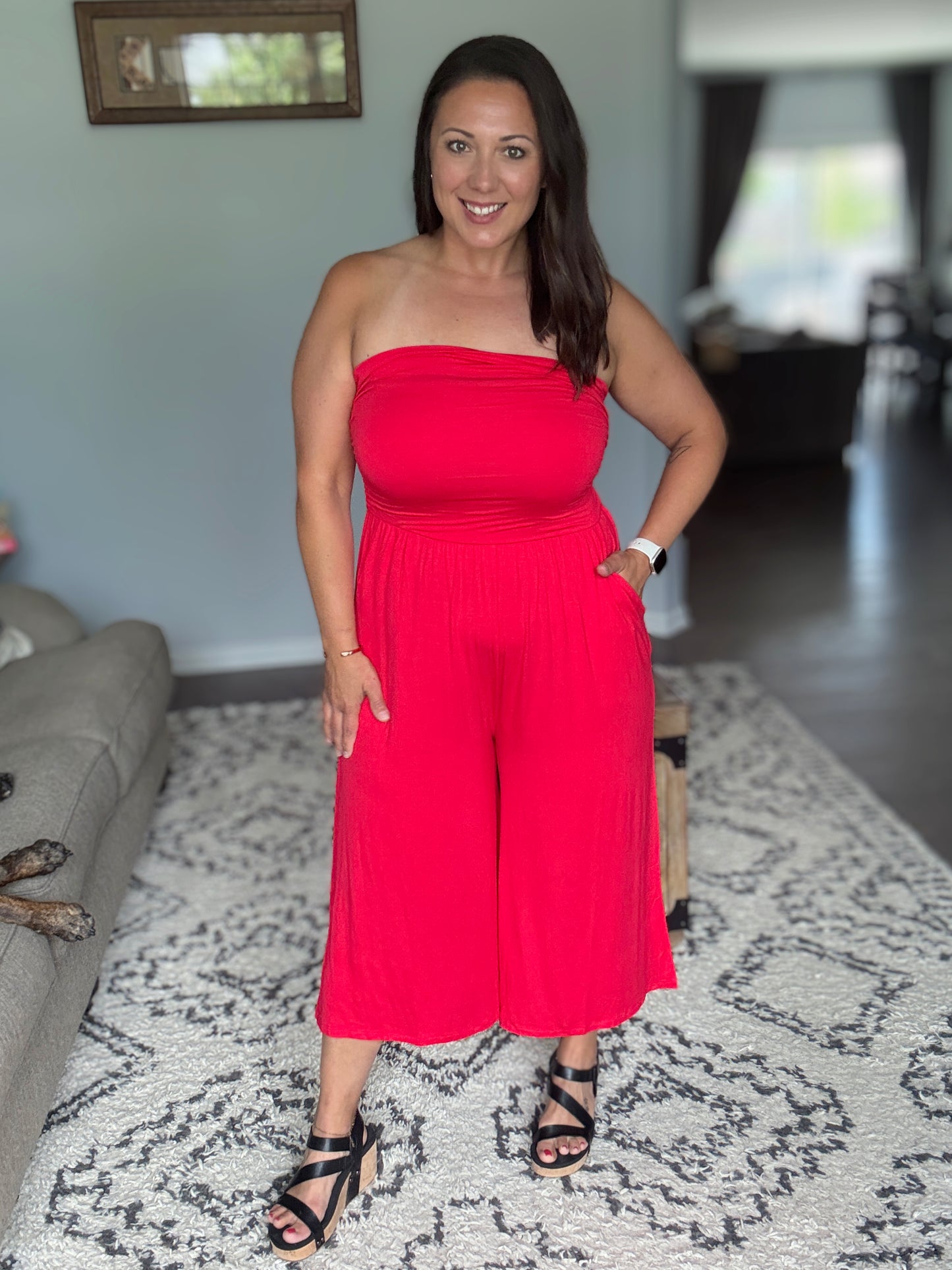 Zenana Double Layered Strapless Tube Top Jumpsuit in Ruby