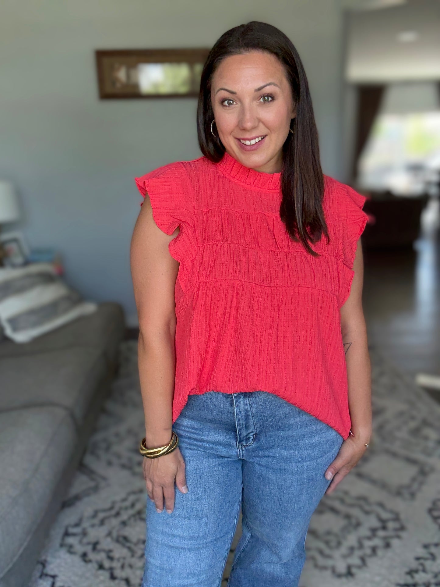 Float This Way Flutter Sleeve Blouse in Coral