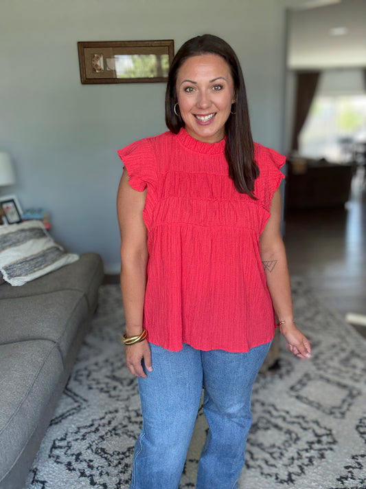 Float This Way Flutter Sleeve Blouse in Coral