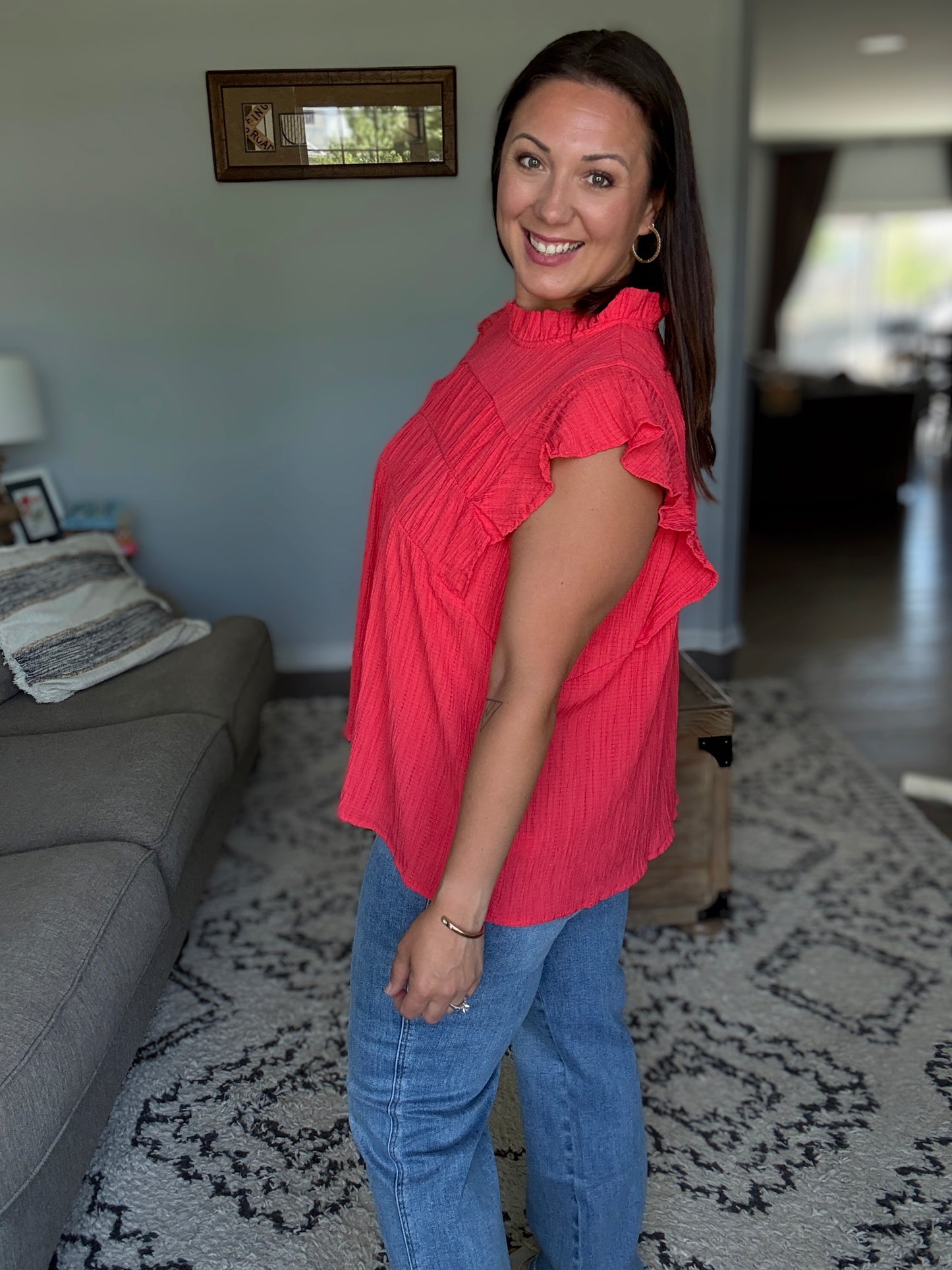 Float This Way Flutter Sleeve Blouse in Coral