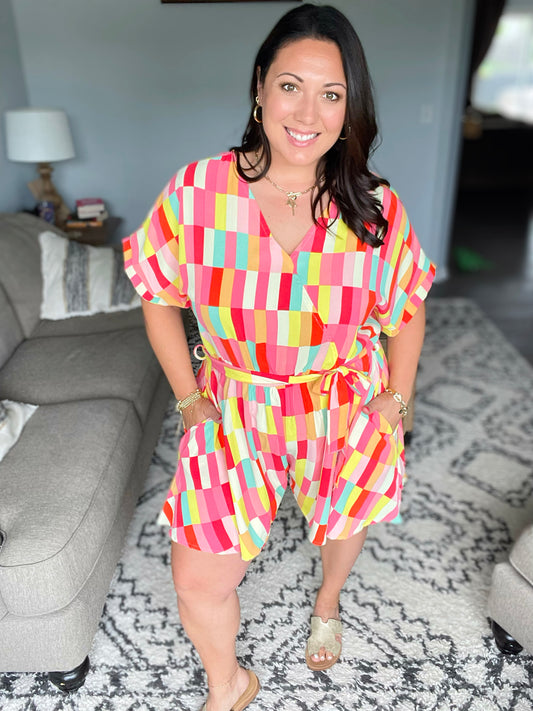 Eyes On You Coral & Yellow Geo Abstract Surplice Woven Romper