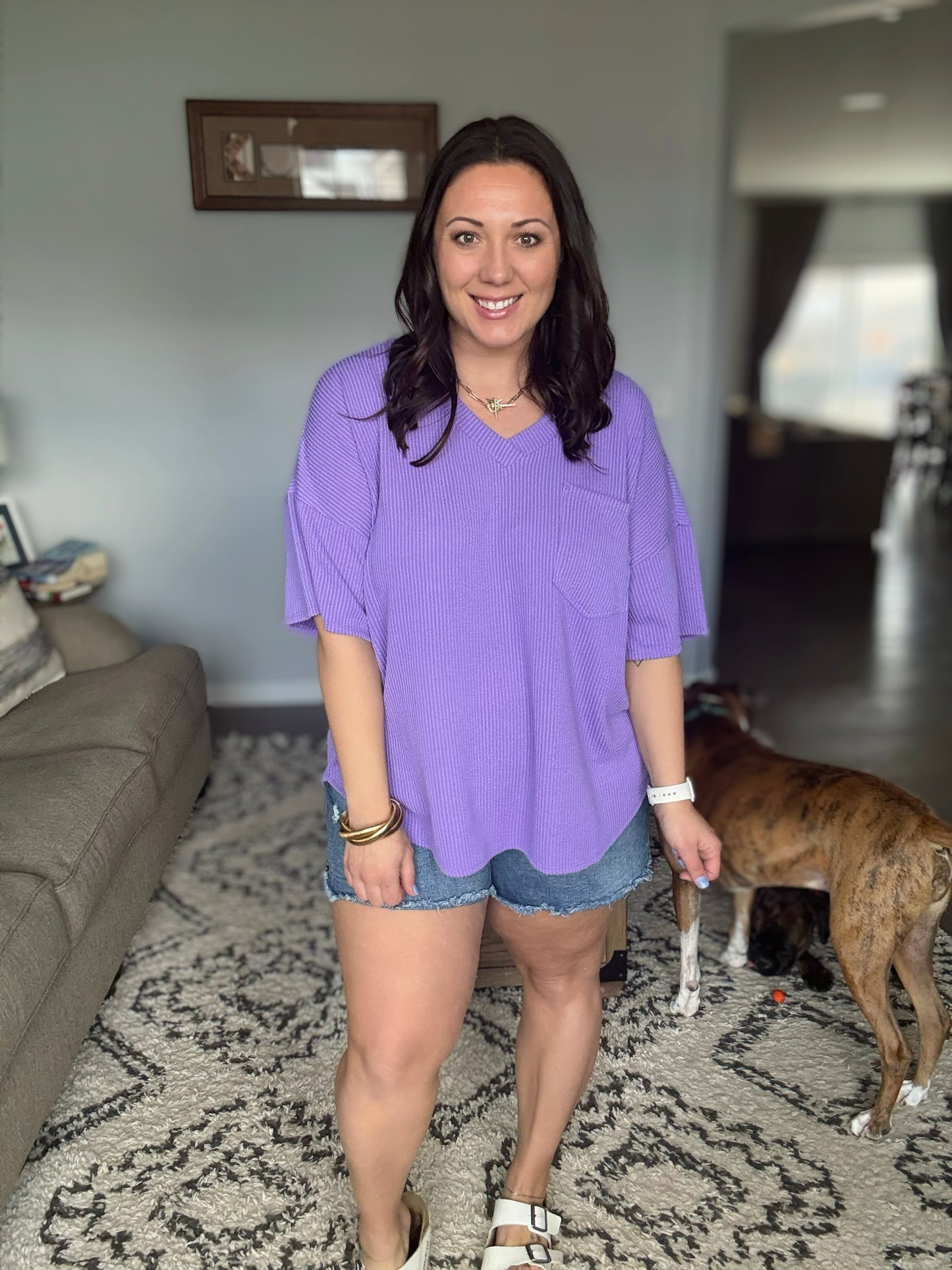 Just a Casual Girly V-Neck Basic Tee in Tropical Violet