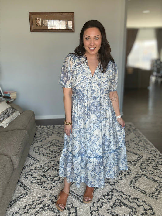 Umgee Paisley Puff Sleeve Midi Dress in Blue Mix