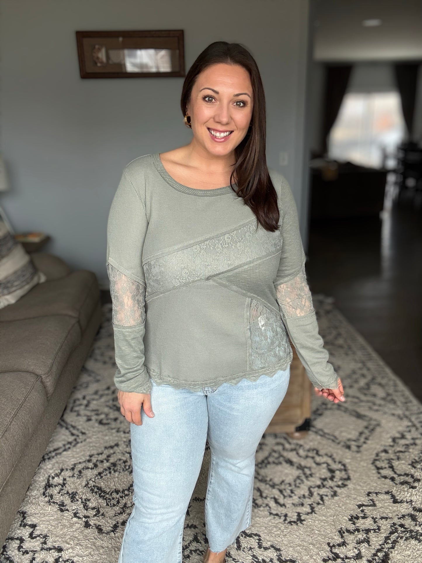Olive Lace Detail  Long Sleeve Top