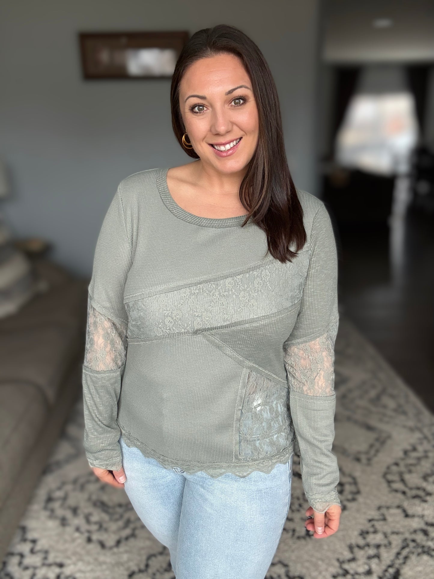 Olive Lace Detail  Long Sleeve Top