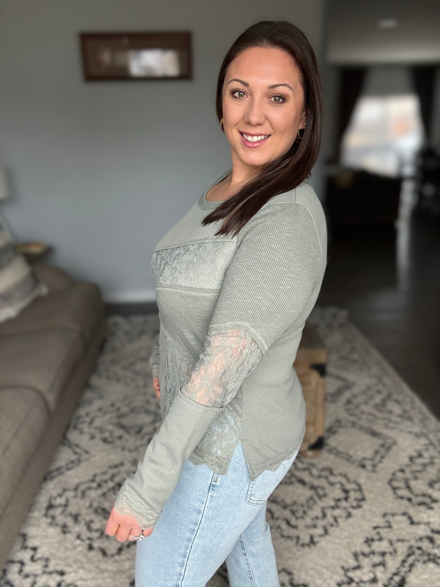 Olive Lace Detail  Long Sleeve Top