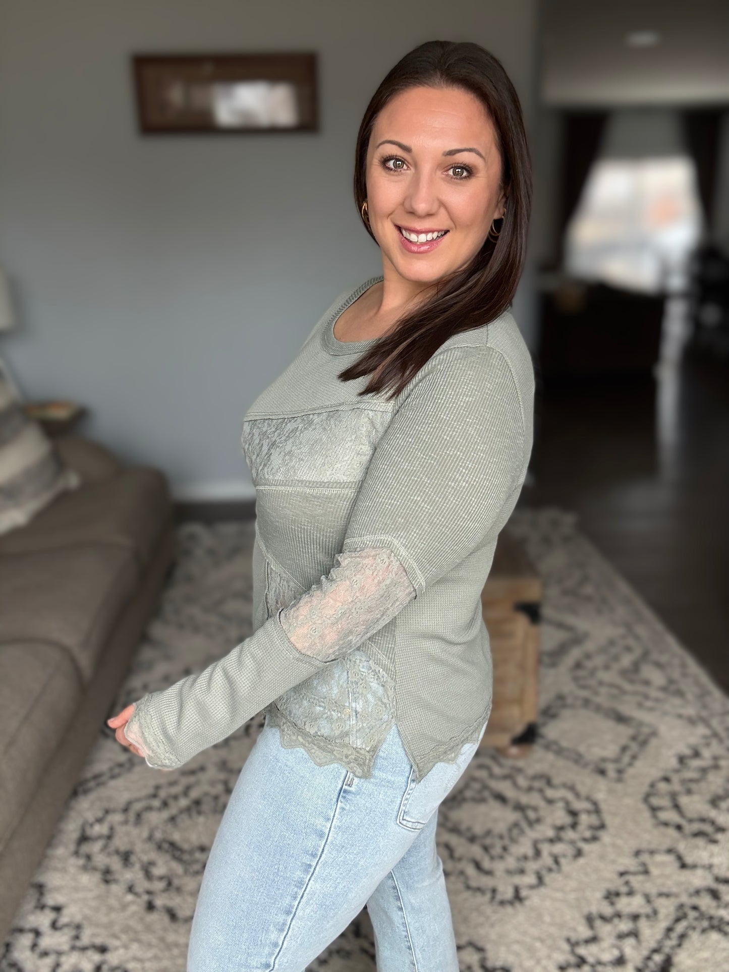 Olive Lace Detail  Long Sleeve Top