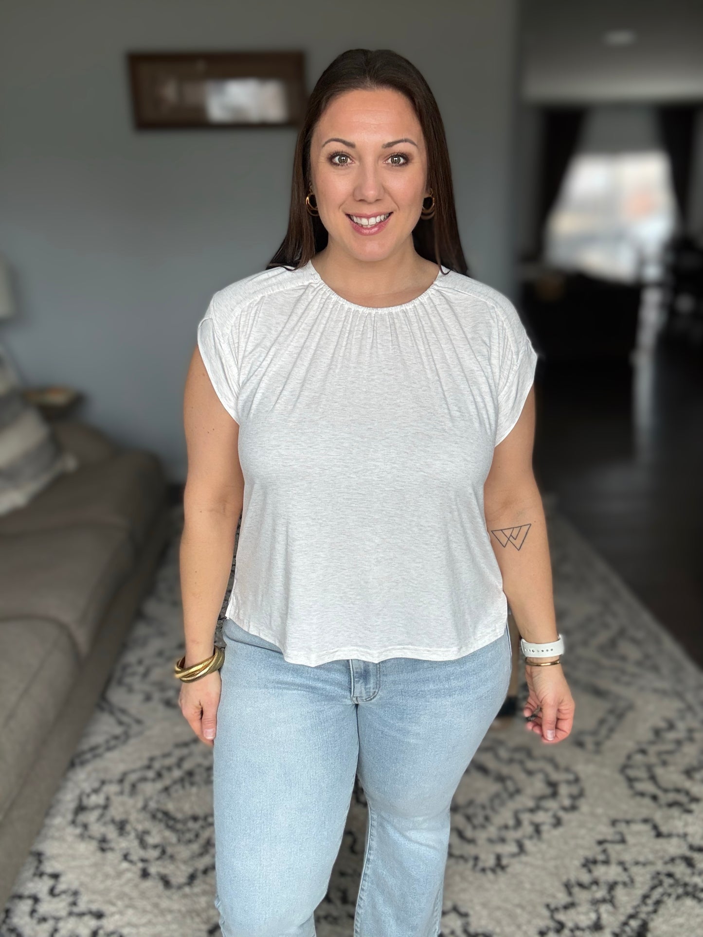 Oatmeal Top With Sleeve Detail & Ruched Front