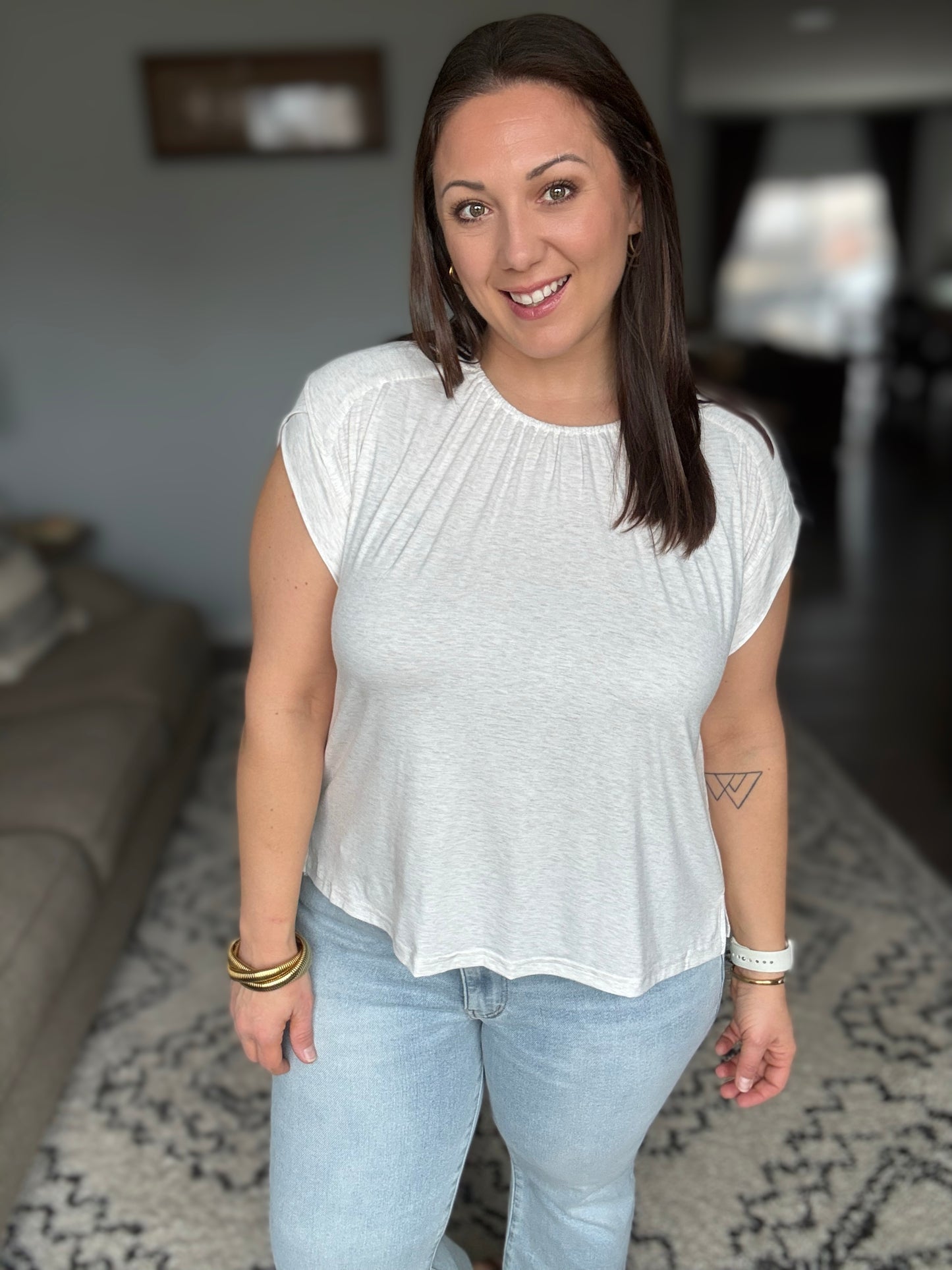Oatmeal Top With Sleeve Detail & Ruched Front