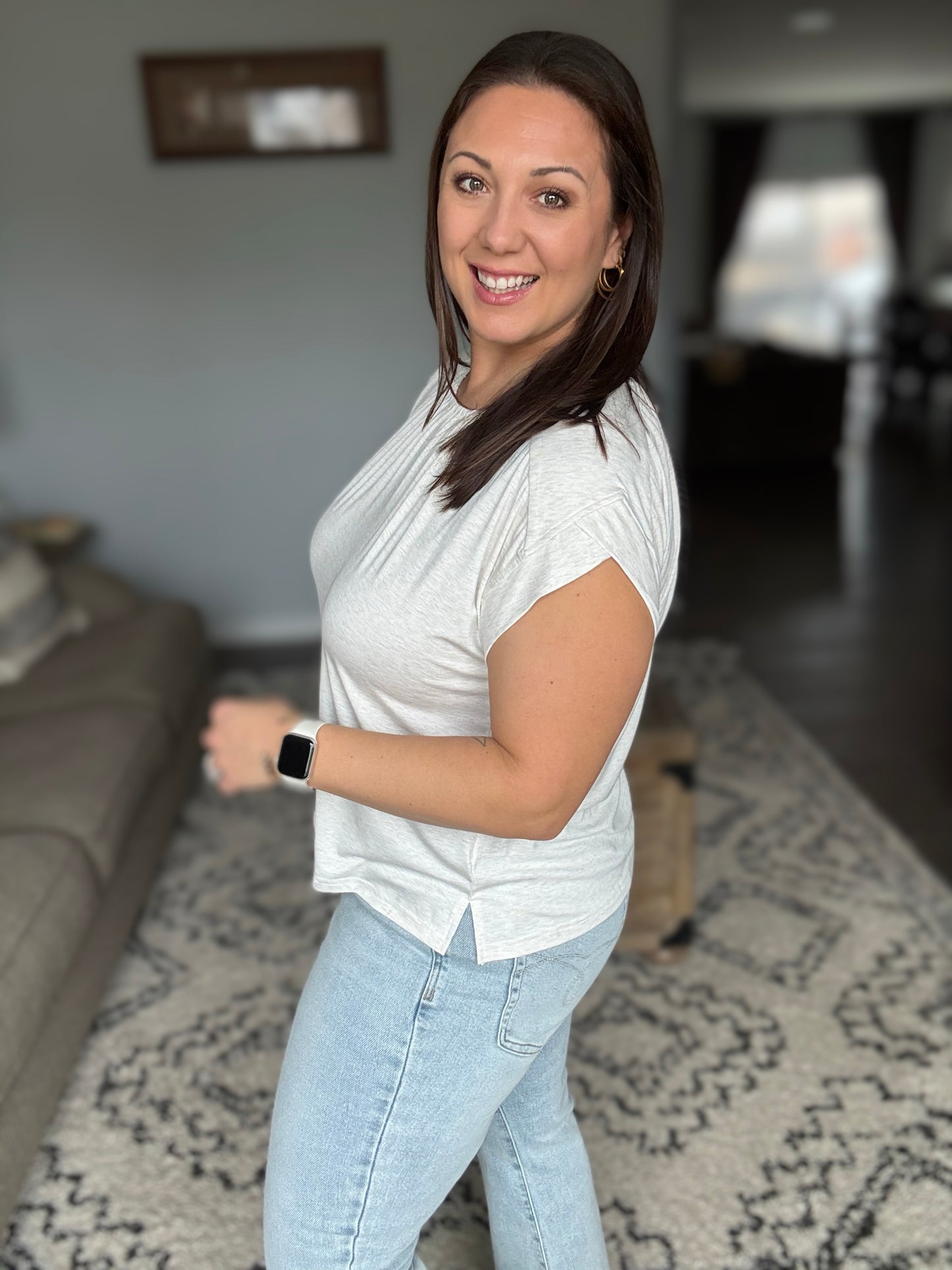 Oatmeal Top With Sleeve Detail & Ruched Front