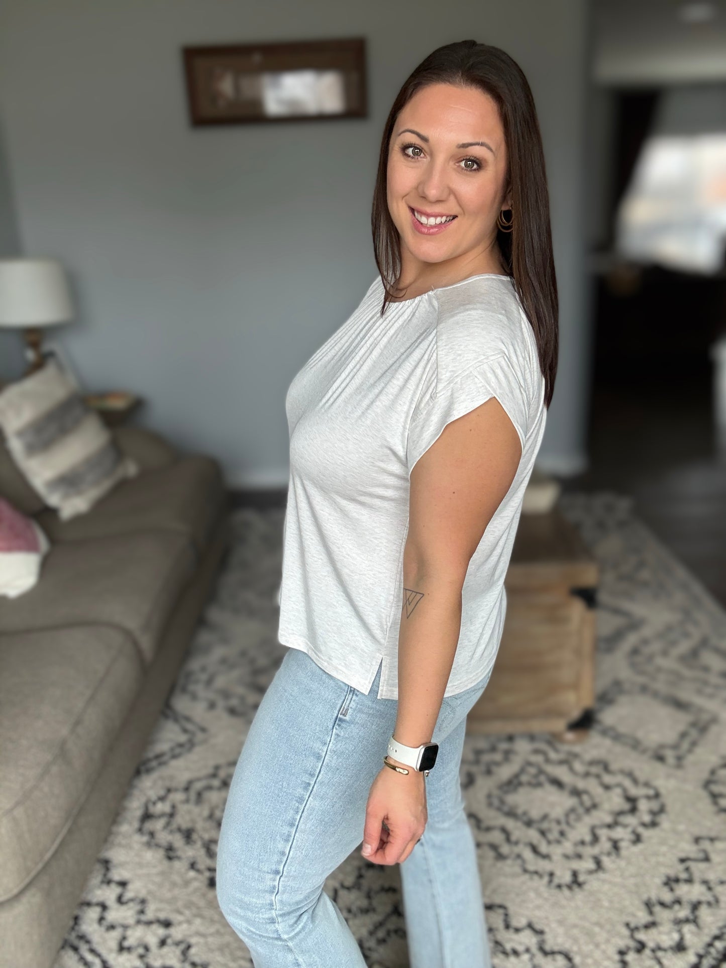 Oatmeal Top With Sleeve Detail & Ruched Front