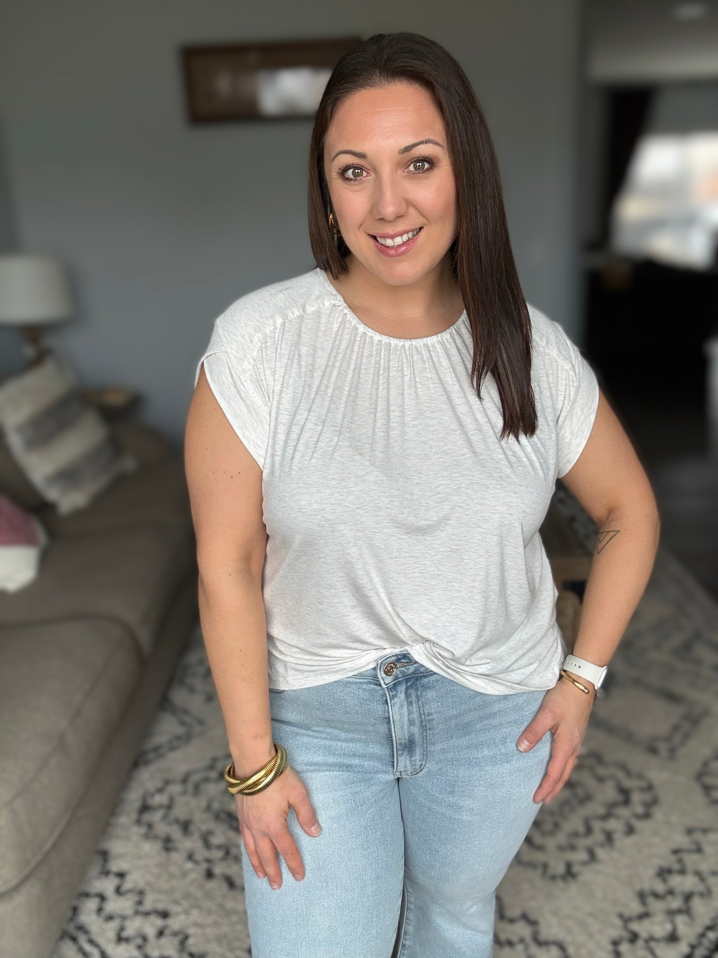 Oatmeal Top With Sleeve Detail & Ruched Front