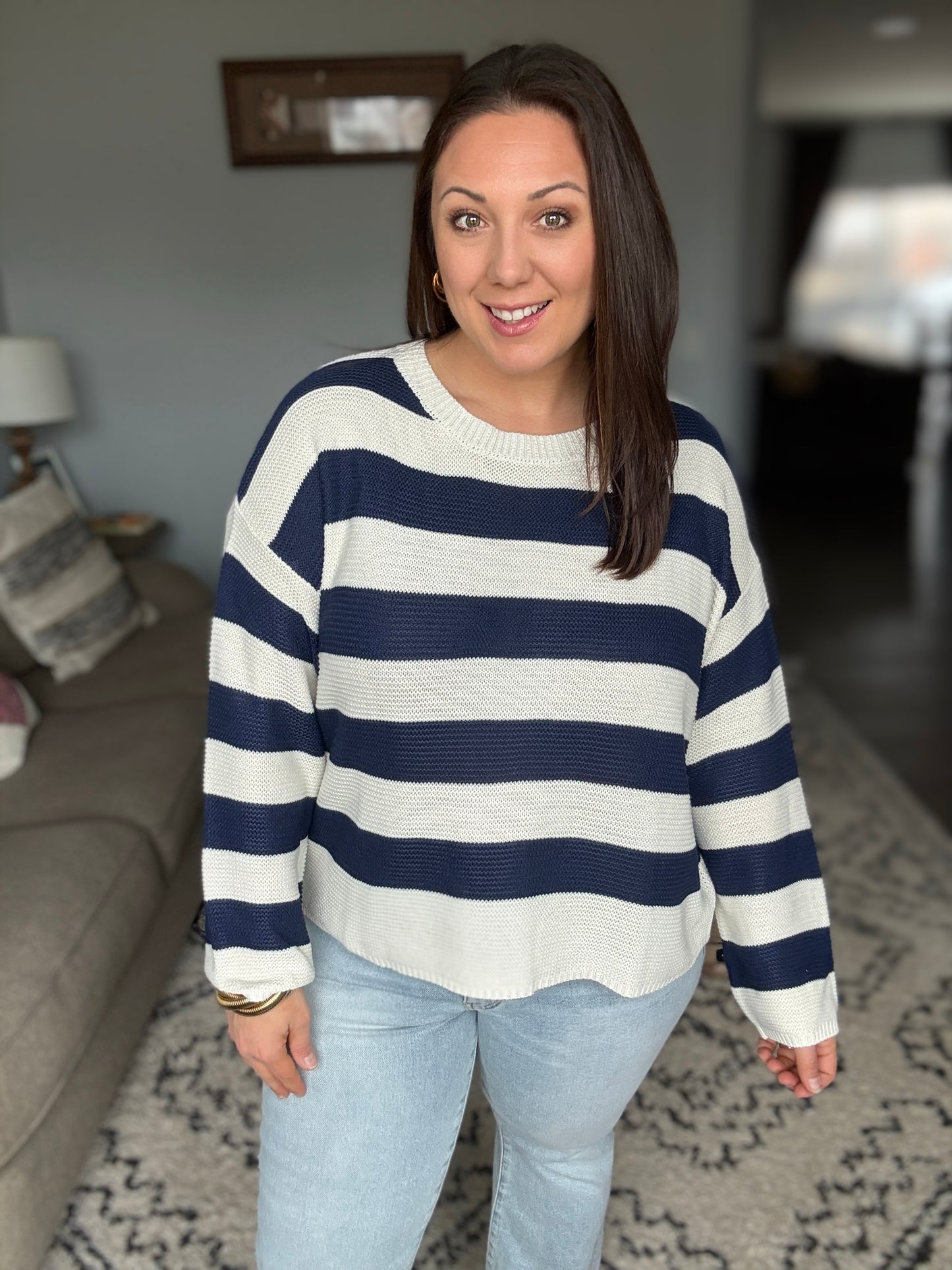 Navy & Cream Striped Crewneck Sweater