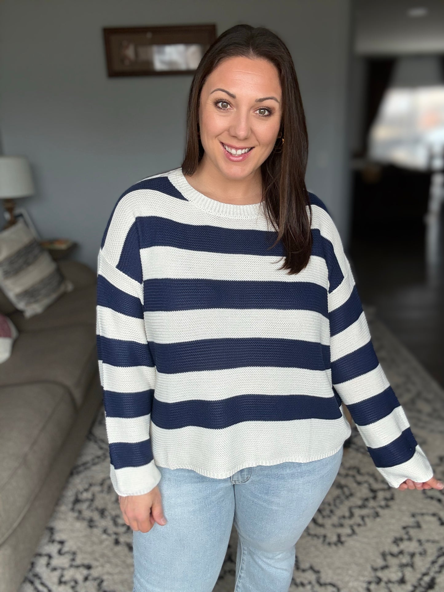 Navy & Cream Striped Crewneck Sweater
