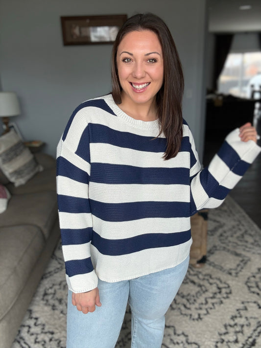 Navy & Cream Striped Crewneck Sweater