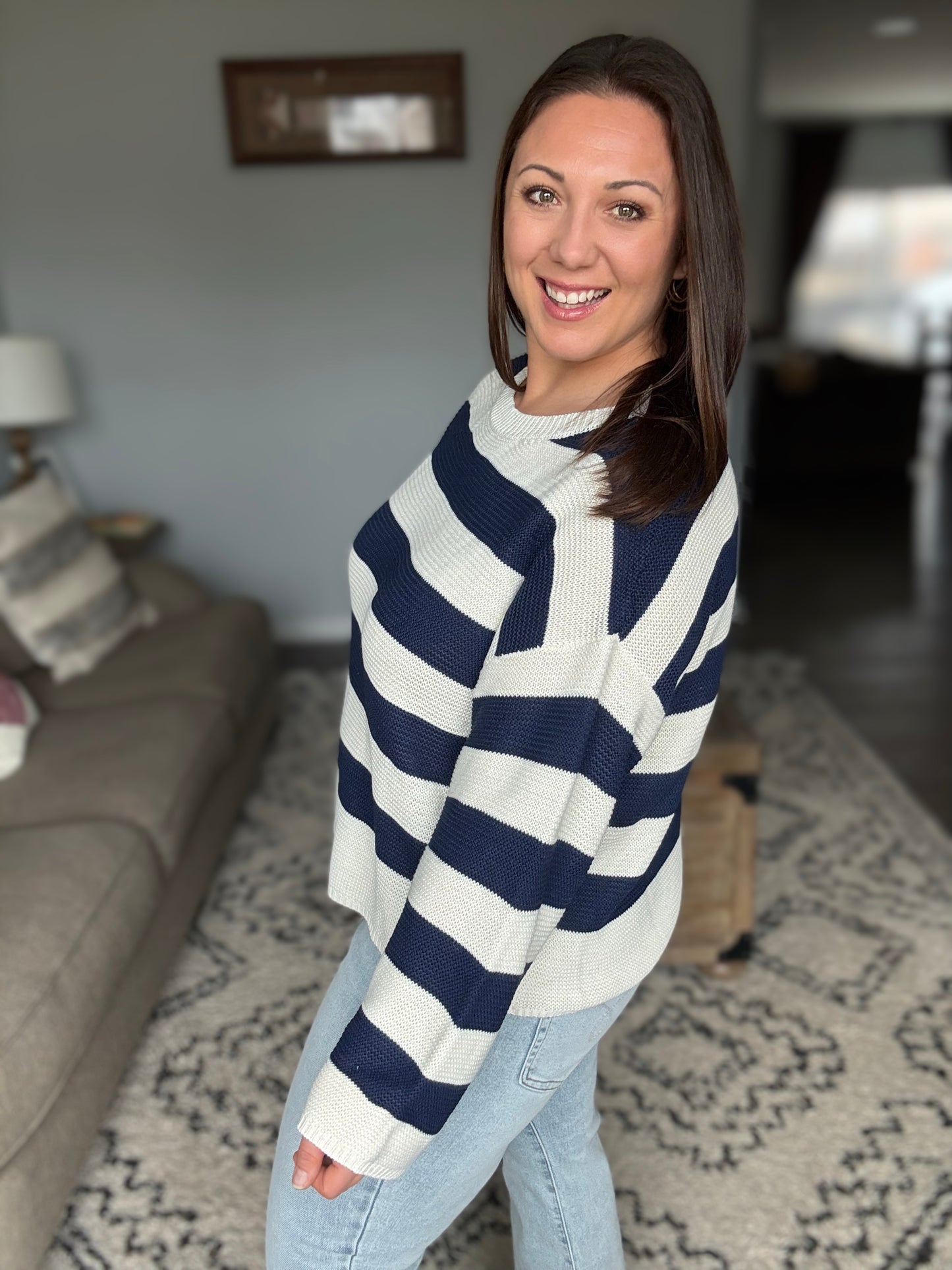 Navy & Cream Striped Crewneck Sweater