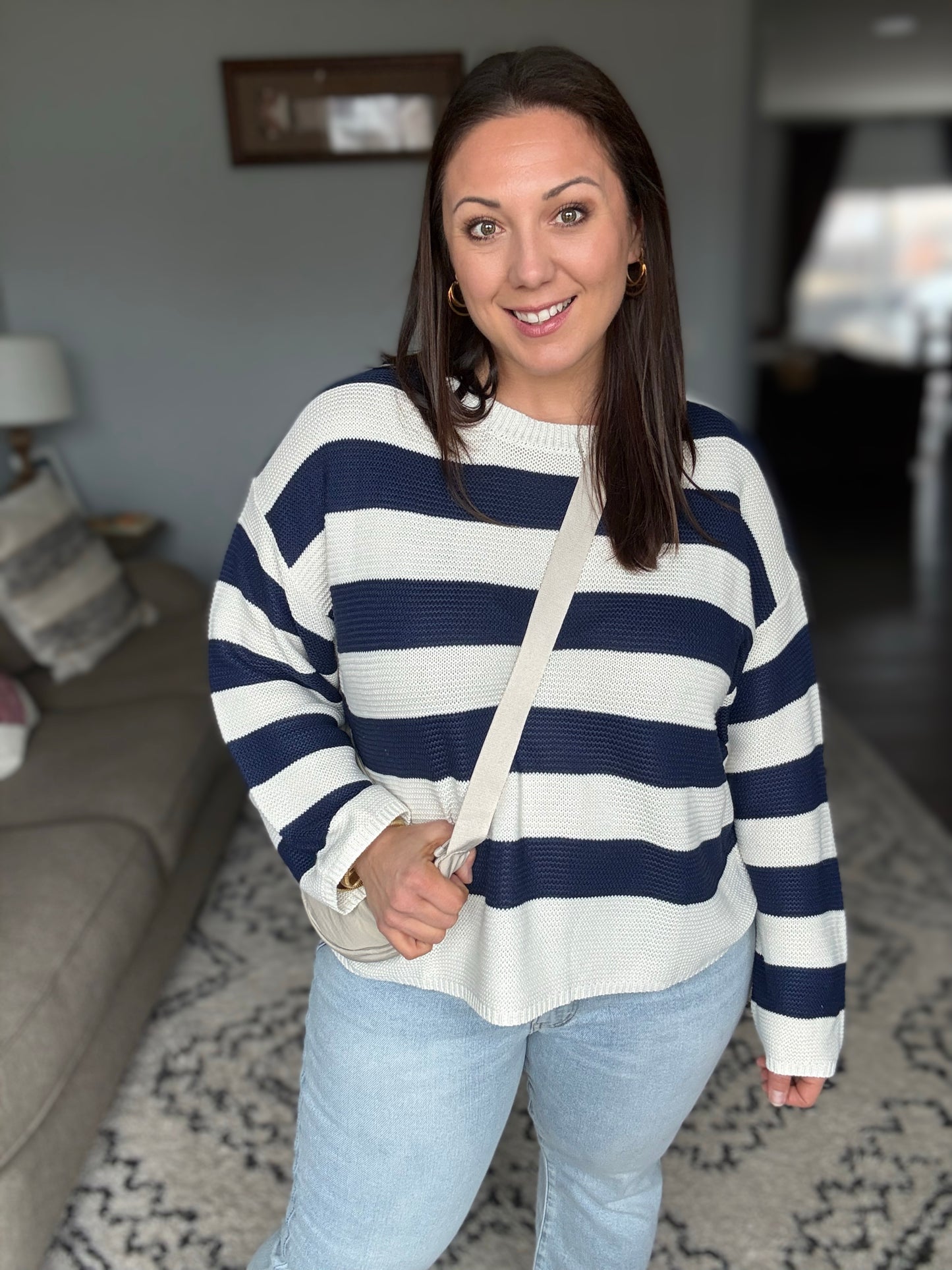 Navy & Cream Striped Crewneck Sweater