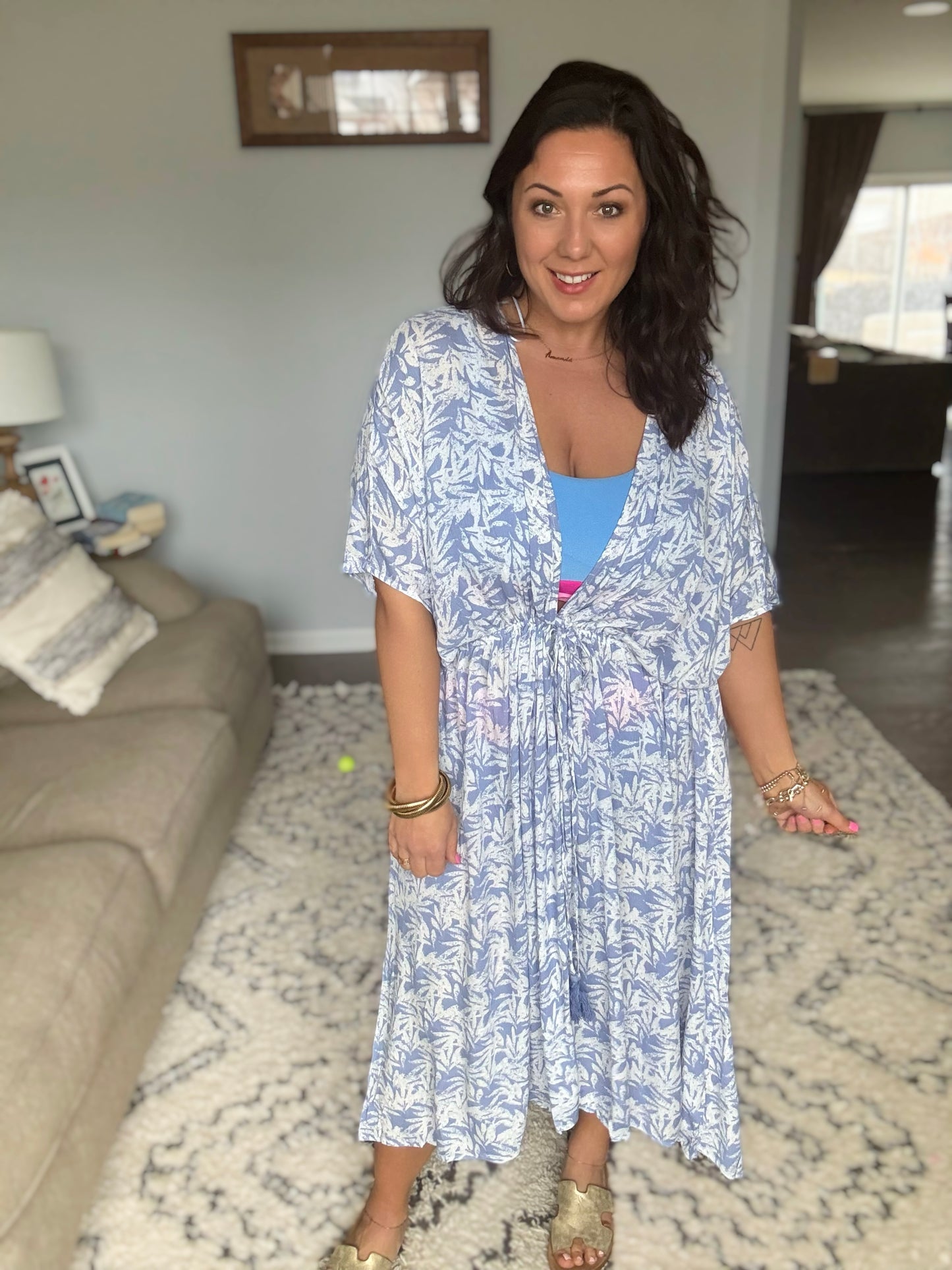 Tropical Print Gauze Kimono with Elastic Waist Tie in Periwinkle