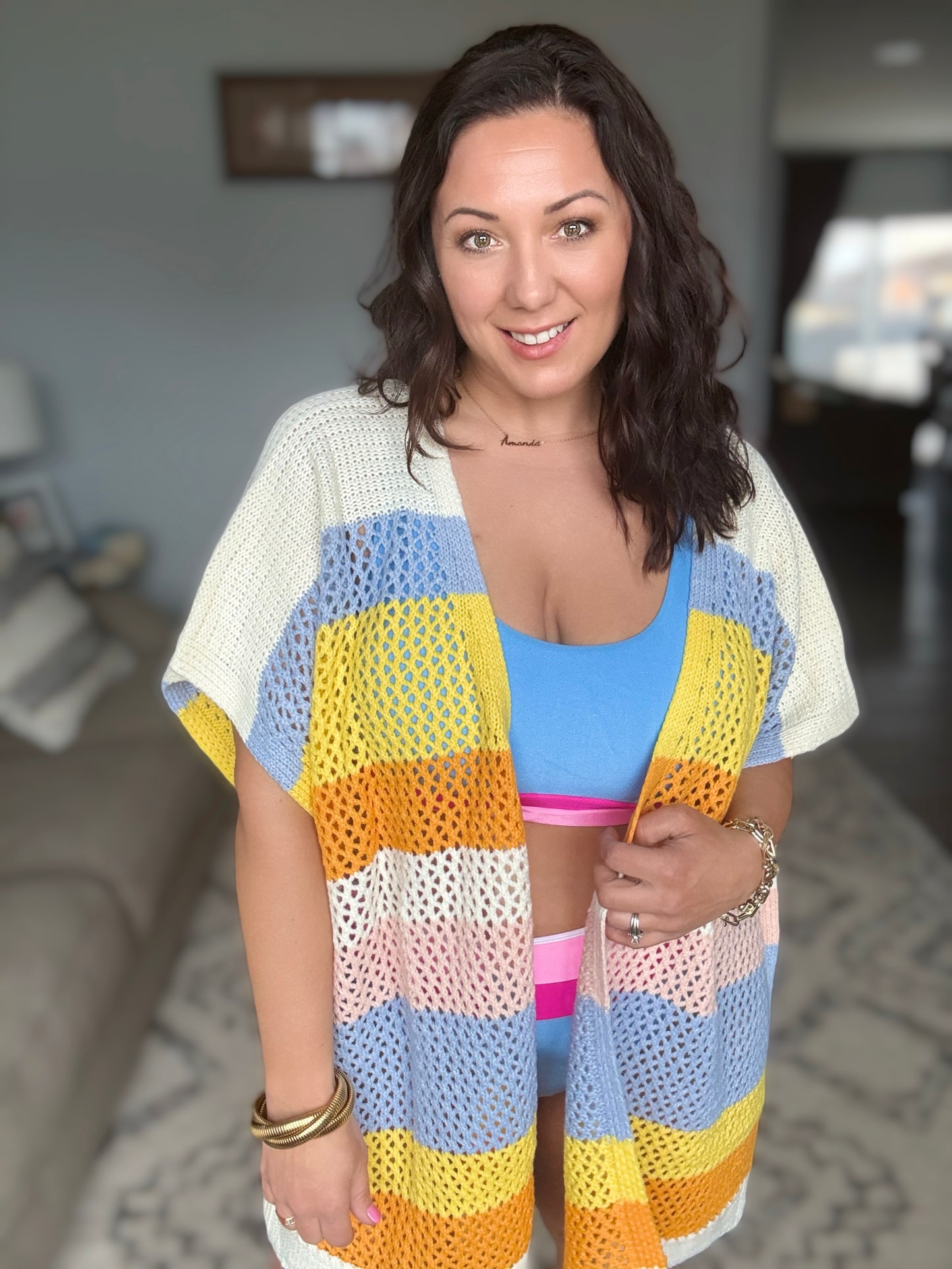 BiBi Open Knit Colorblock Striped Kimono