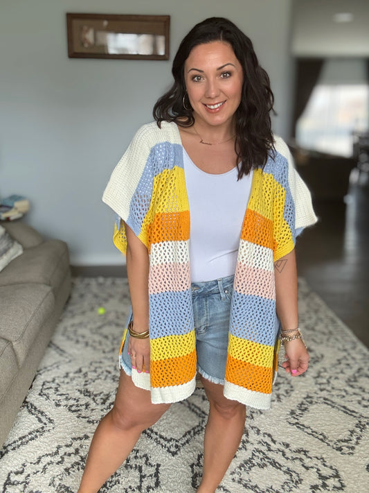 BiBi Open Knit Colorblock Striped Kimono