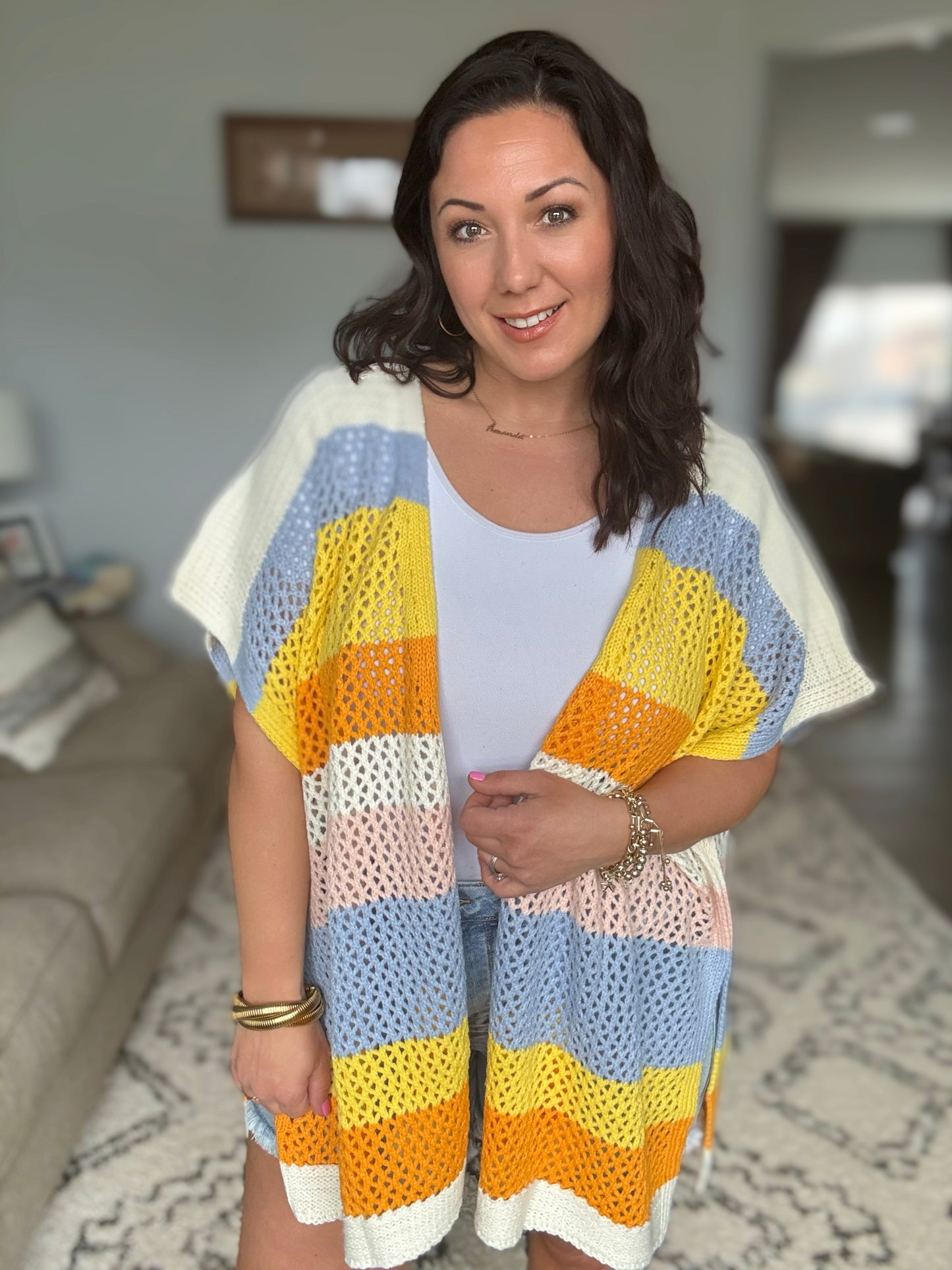 BiBi Open Knit Colorblock Striped Kimono