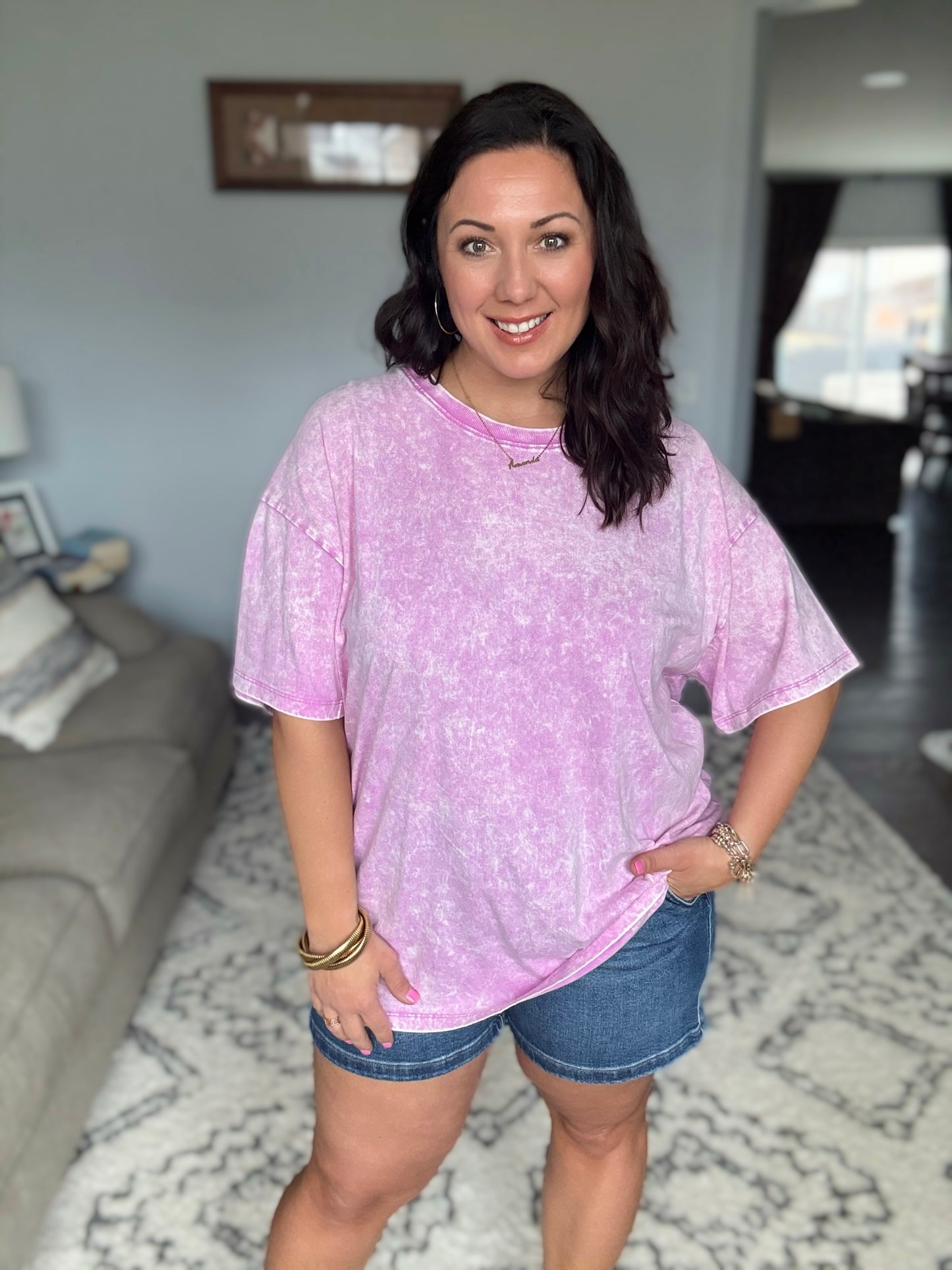 Casual Basic Drop Shoulder Oversized Tee in Bright Mauve