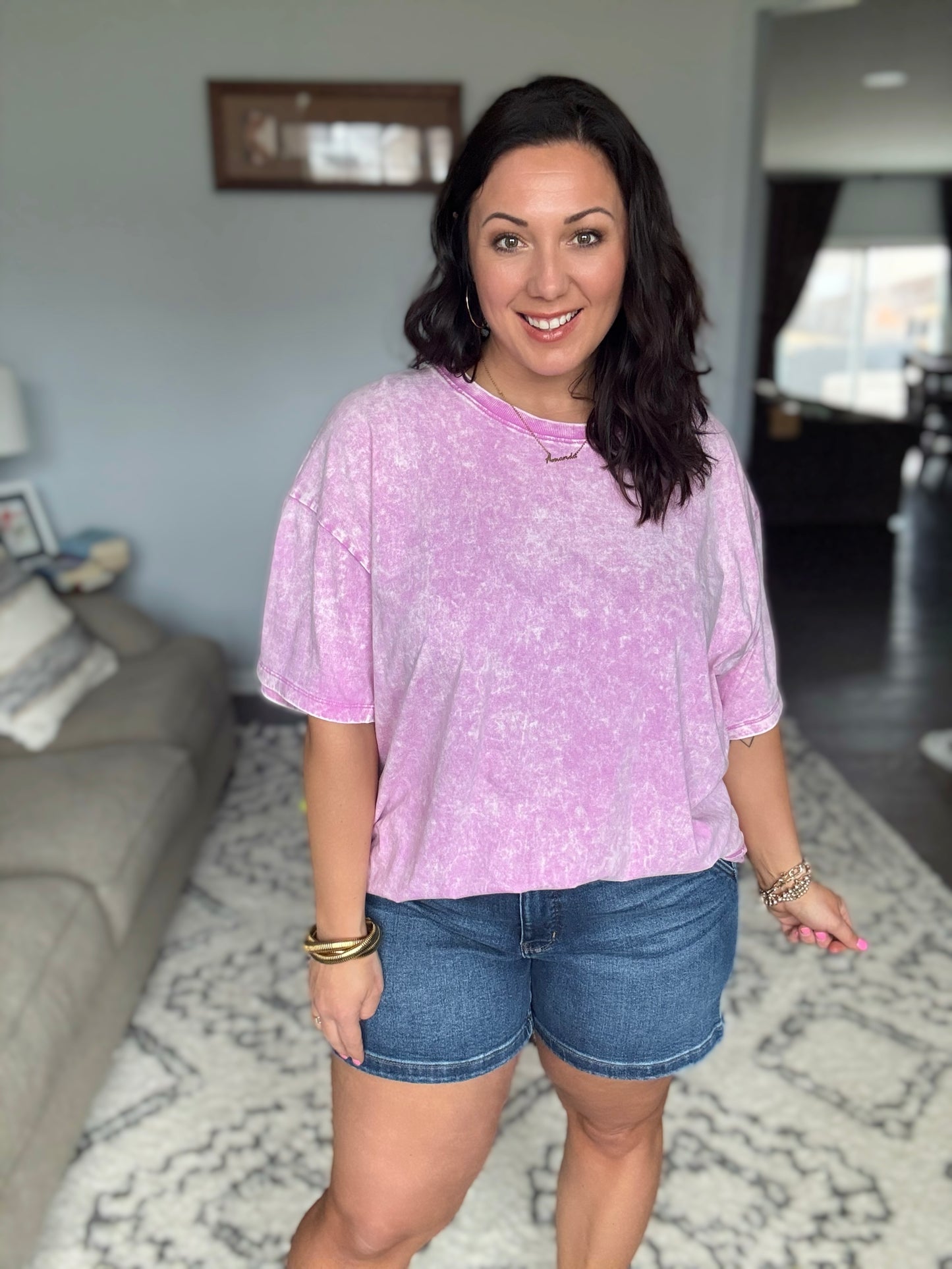 Casual Basic Drop Shoulder Oversized Tee in Bright Mauve