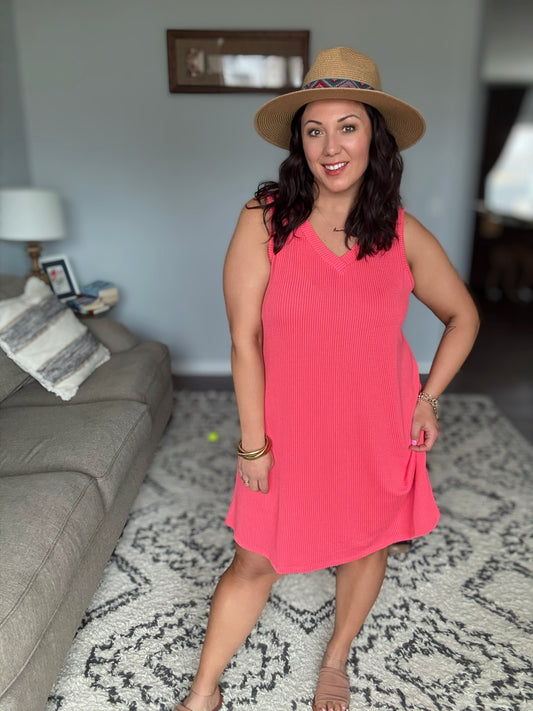 The Power I Hold V-Neck Ribbed Knit Dress in Summer Coral