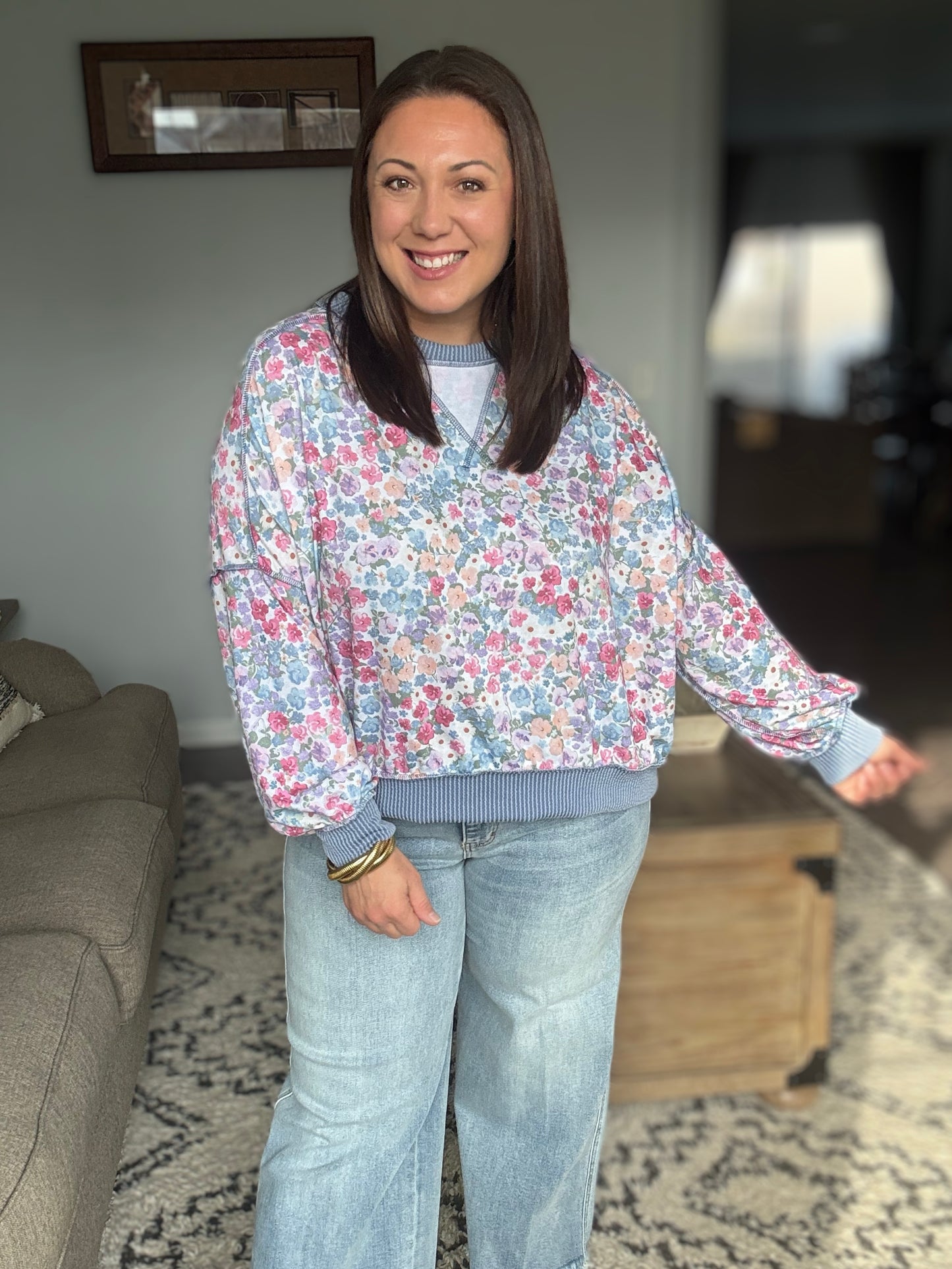 New Opportunities Drop Shoulder Floral Pullover