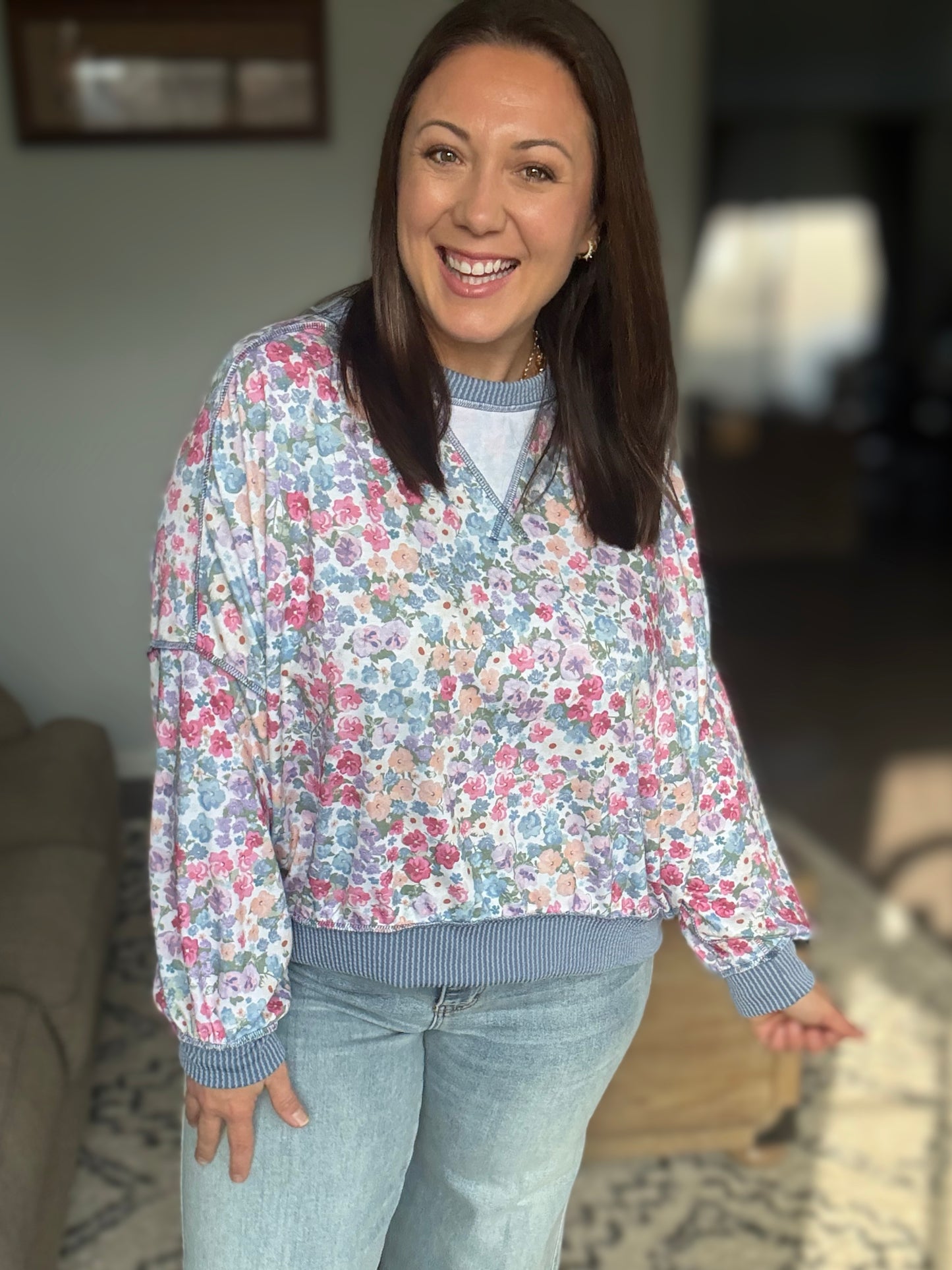 New Opportunities Drop Shoulder Floral Pullover