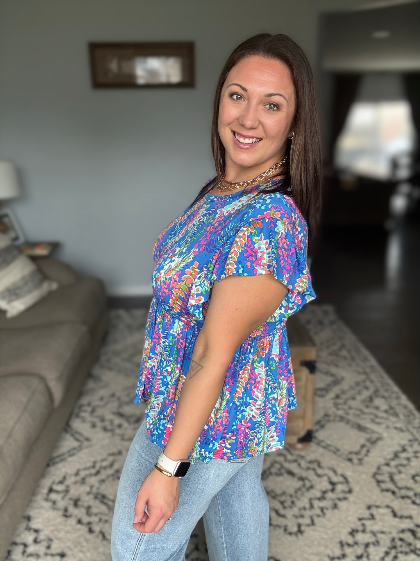 Flirt Alert Flutter Sleeve Top in Blue