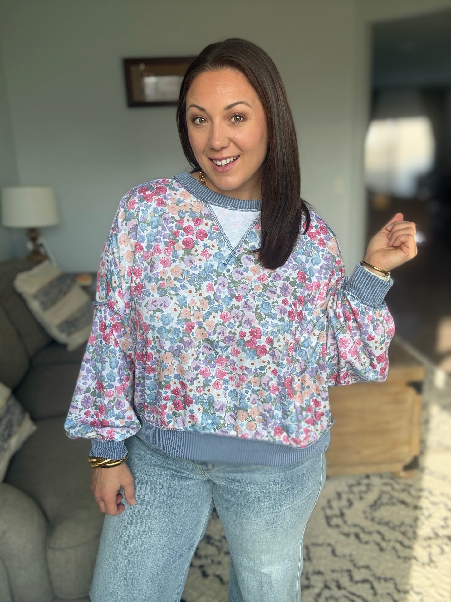 New Opportunities Drop Shoulder Floral Pullover