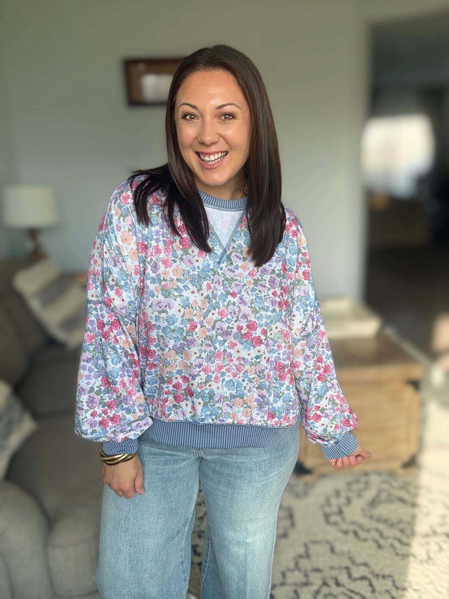 New Opportunities Drop Shoulder Floral Pullover