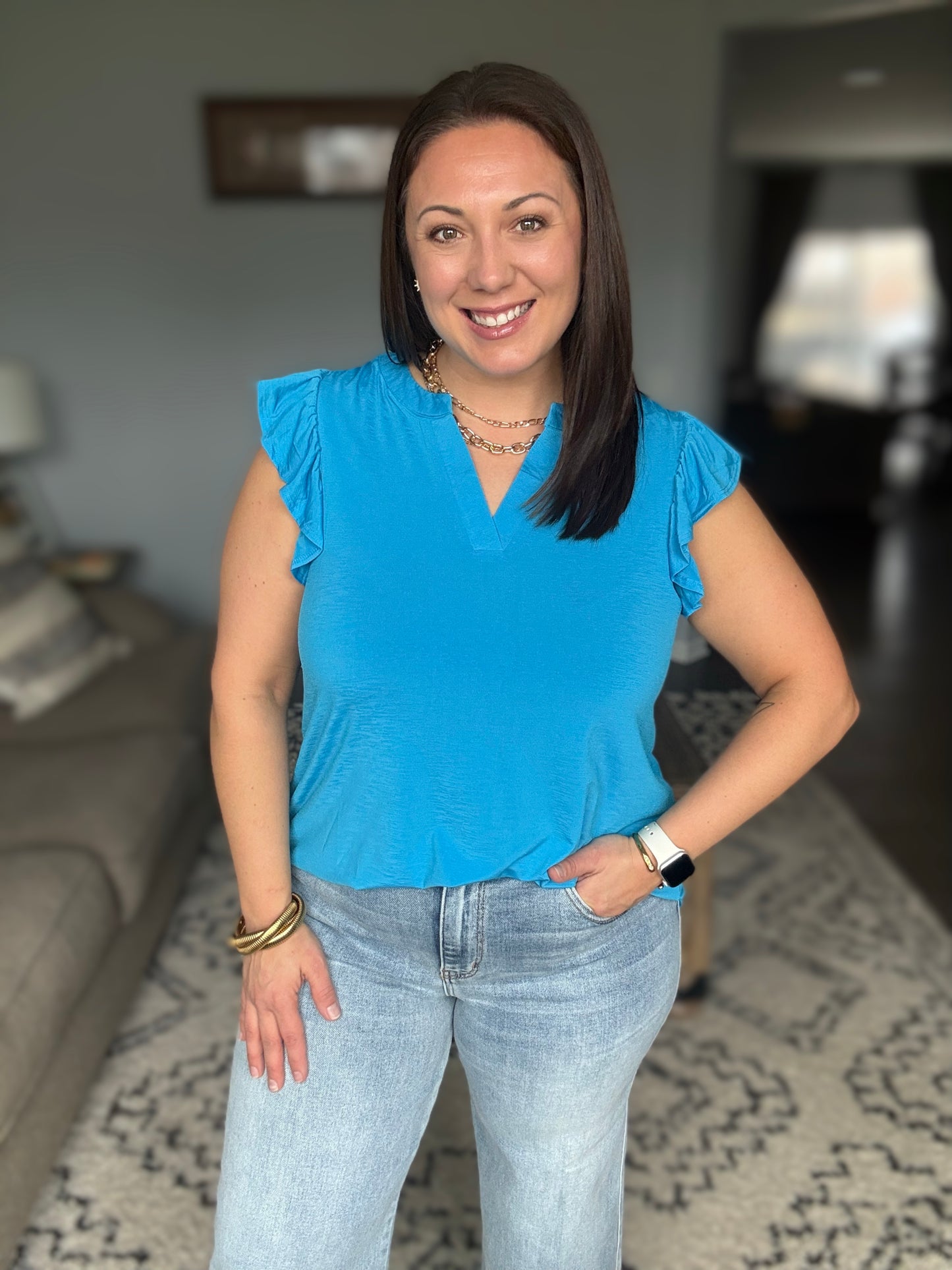 Lizzy Flutter Sleeve V-Neck Blouse in  in Aqua